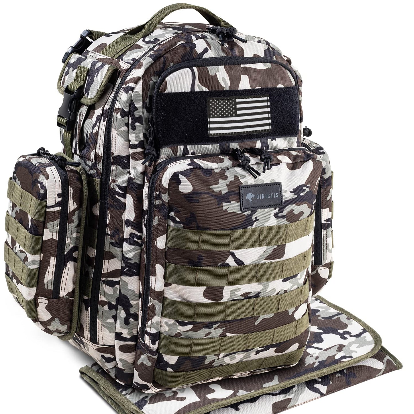 Dinictis - Bolsa de pañales para papá, mochila con cambiador de pañales, mochila militar con correas Molle, bolsa impermeable, bolsillo para toallitas para bebé, bolsillos aislados para botellas