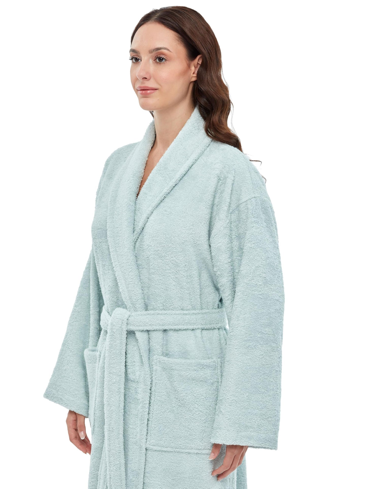 Arus Bata de mujer con cuello chal, bata de baño de algodón turco de felpa, largo hasta el suelo, color verde menta, talla L/XL
