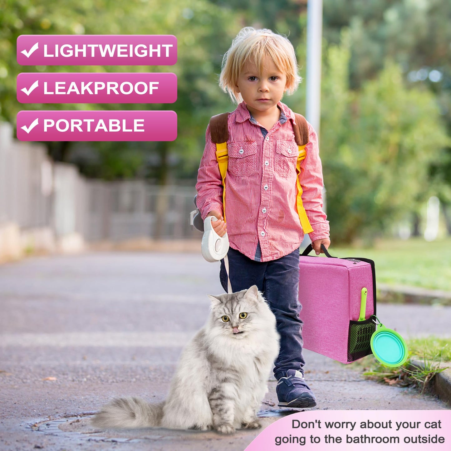 HiCaptain - Caja de arena portátil para gatos con tapa, caja de arena de viaje plegable en coche diseñada para gatos medianos, peso ligero a prueba de fugas, impermeable, fácil de llevar, color rosa