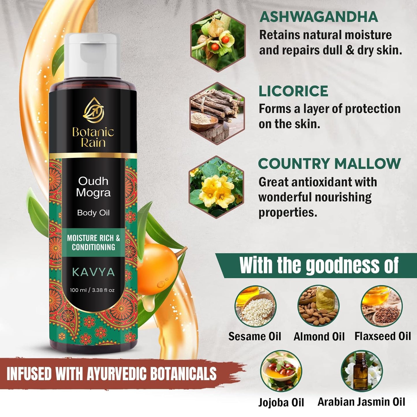 Botanic Rain- Aceite corporal ayurvédico con oudh y mogra, aceite corporal orgánico para después de la ducha, hidratante y natural