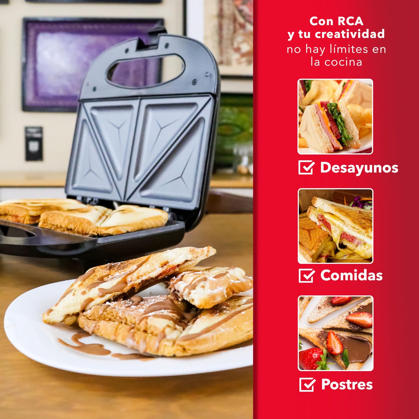 RCA Sandwichera Eléctrica RC-SW1, Placa Antiadherente, Doble Rebanada, Temperatura Ajustable, Luces Indicadoras, Seguro Frontal, Diseño Compacto y Acero Inoxidable, Ideal para Sándwiches y Desayunos