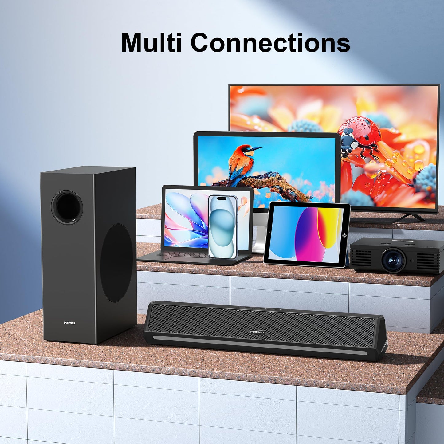 Barras de sonido para TV con subwoofer, 2.1 graves profundos 80 W altavoces de rango completo, visualización LED, bajos ajustables, HDMI/USB/AUX, Bluetooth 5.3 TV Soundbar sistema de audio de cine en