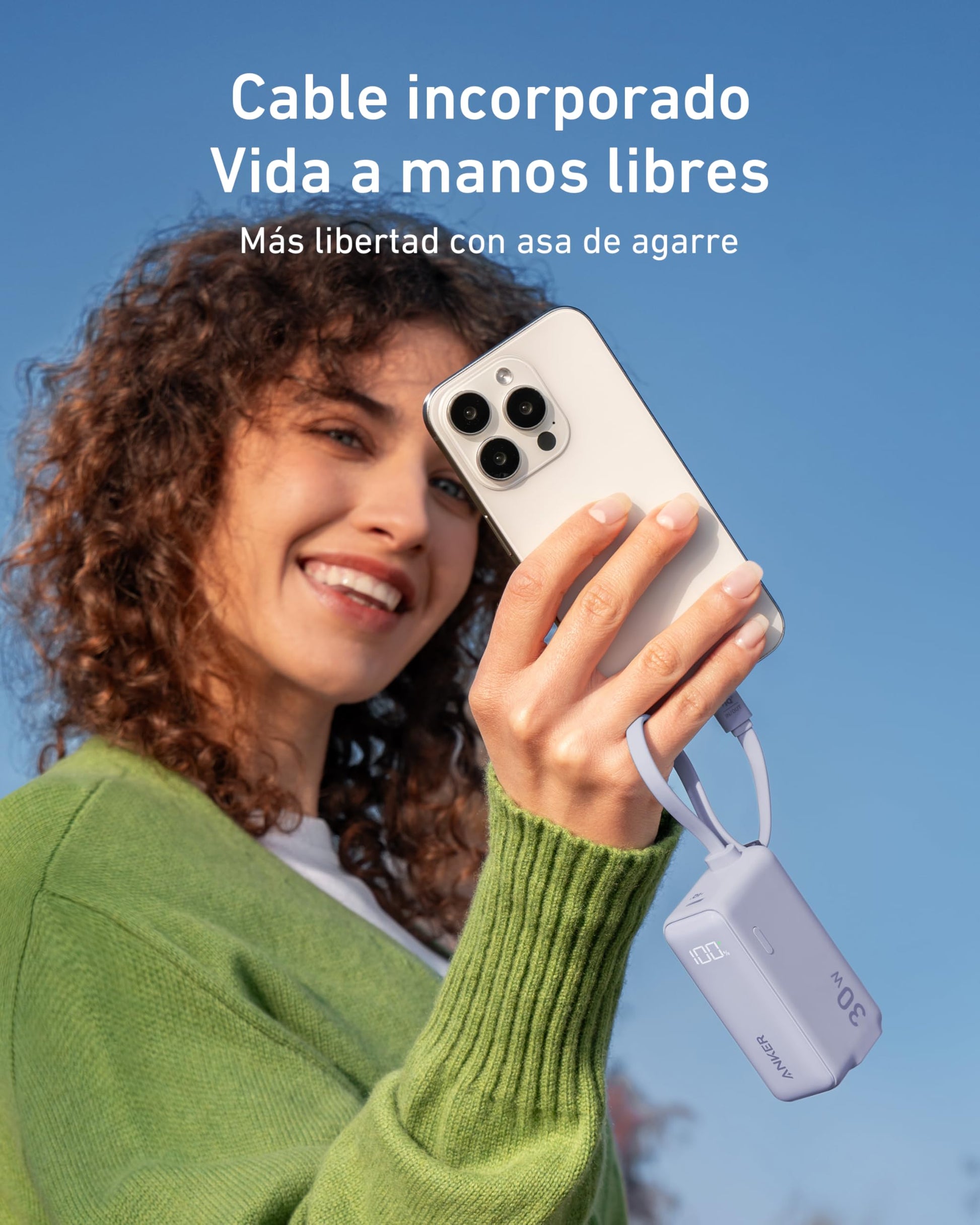 Power Bank Anker Negro 3 en 1 de 5,000 mAh con Cable USB-C y Enchufe Plegable para iPhone y Galaxy