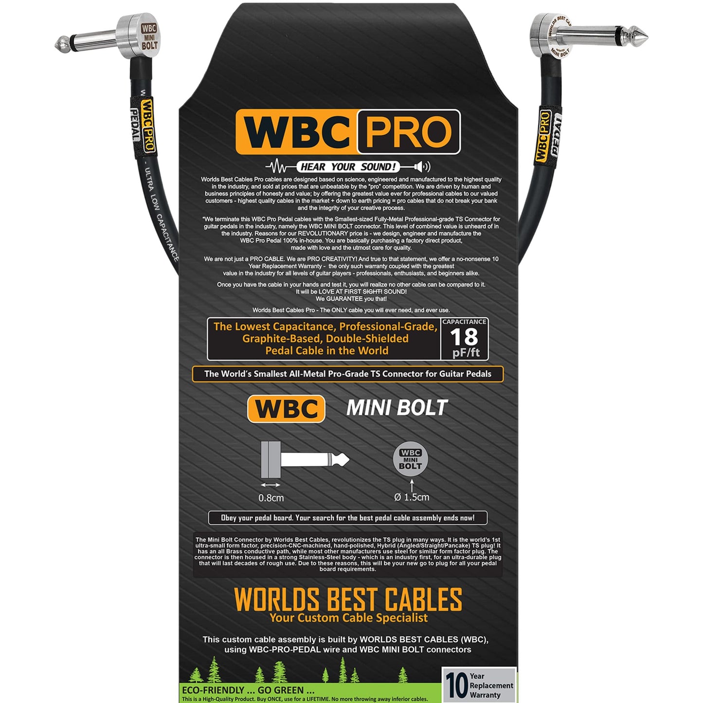 18 pulgadas (45 cm) - WBC-PRO-PEDAL – 22 AWG – Baja capacitancia (18 pF/pie) – Grado profesional – A base de grafito – Cable de pedal, efectos, patch y instrumento con doble apantallamiento, con