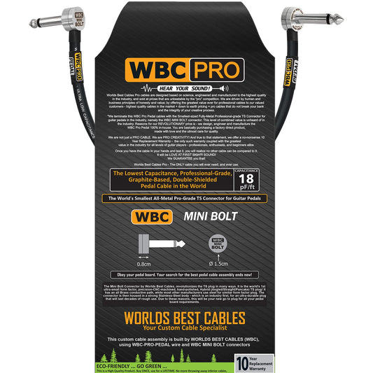 Cable de Pedal WBC PRO Pedal Negro con Baja Capacitancia Grado Profesional de 15 Pulgadas para Instrumento y Efectos