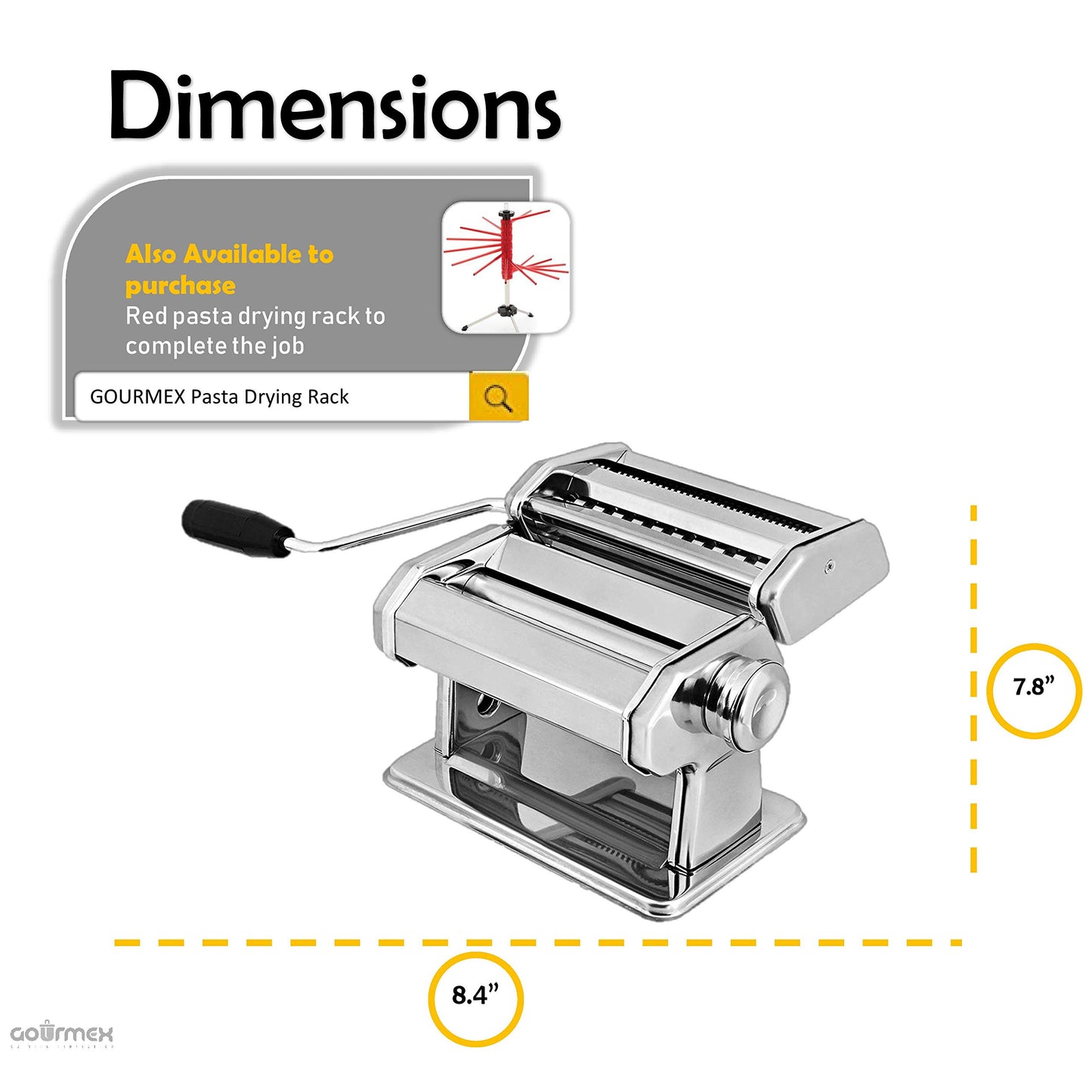 Máquina para hacer pasta manual GOURMEX de acero inoxidable con ajustes de grosor, perfecta para espaguetis y fettuccini caseros profesionales. Incluye mango y abrazadera extraíbles (Plata)