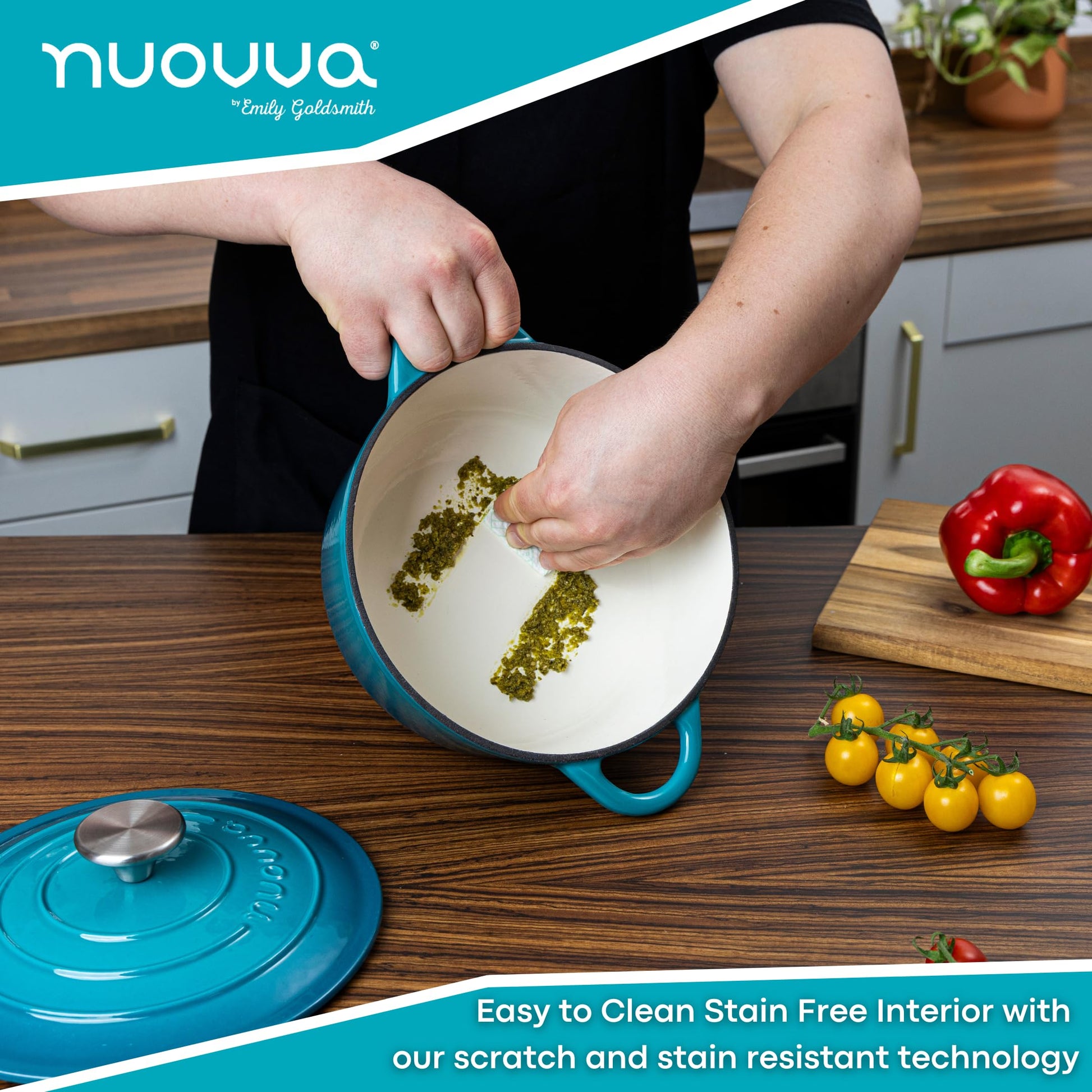 Nuovva - Horno holandés de hierro fundido con tapa - Cacerola esmaltada antiadherente - Utensilios de cocina resistente para horno holandés - Verde azulado, 3.1 cuartos de galón, 22 cm