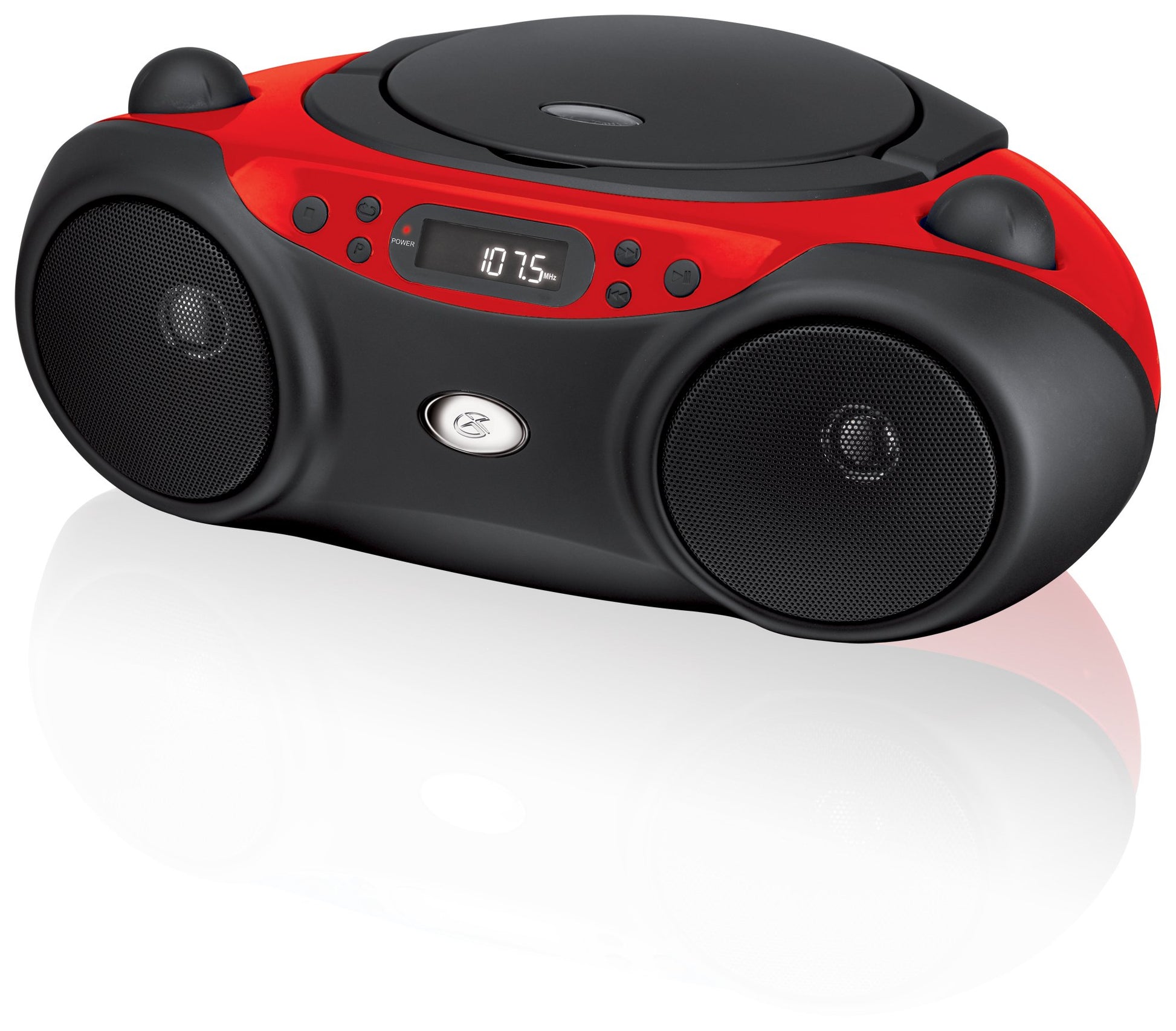GPX, Inc. Portacasetera para CD de carga superior con radio AM/FM y entrada de línea de 3.5 mm para dispositivo MP3, rojo/negro