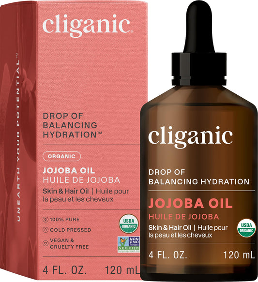 USDA Organic Jojoba Oil, 100% Pure (4oz Large) | Natural Cold Pressed Unrefined Essential Oil for Hair & Face | Carrier Oil - Certified Organic | Cliganic 90 Days Warranty