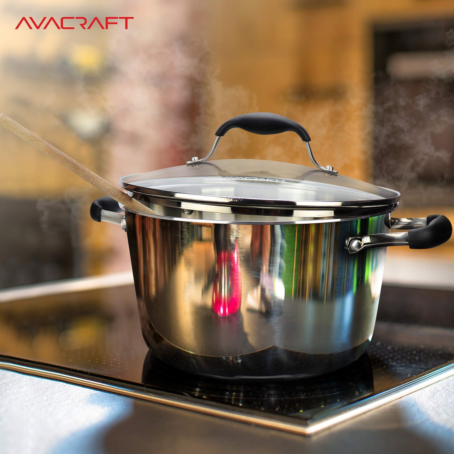 AVACRAFT Horno holandés de acero inoxidable 18/10 con tapa, olla holandesa con tapa, sartén de chef con tapa de vidrio en ollas y sartenes, olla de inducción, olla de stock (5 cuartos de galón)