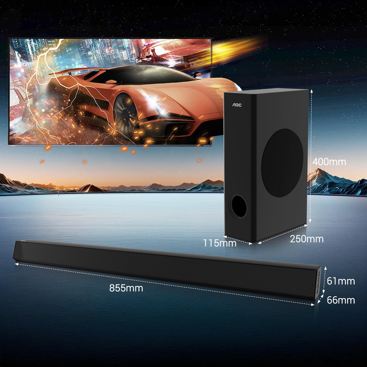 Barra de Sonido AOC ACS3410 Negro con Altavoz Bluetooth de 85 W para Cine en Casa