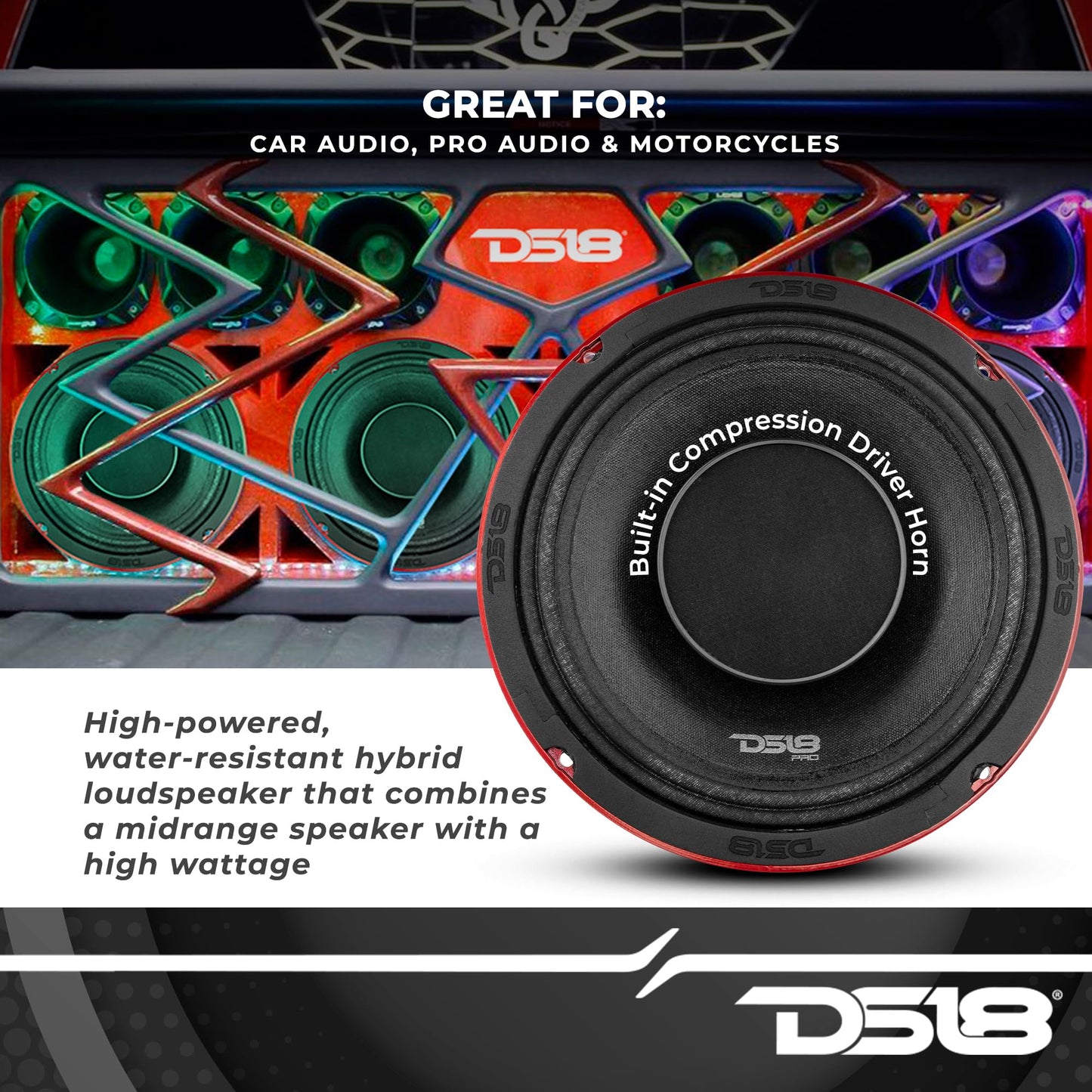 DS18 PRO-HY10.4B - Altavoz híbrido de rango medio resistente al agua de 10 pulgadas con driver integrado de 700 W de potencia máxima de 4 ohmios, rango medio de 10 pulgadas con bocina de driver de