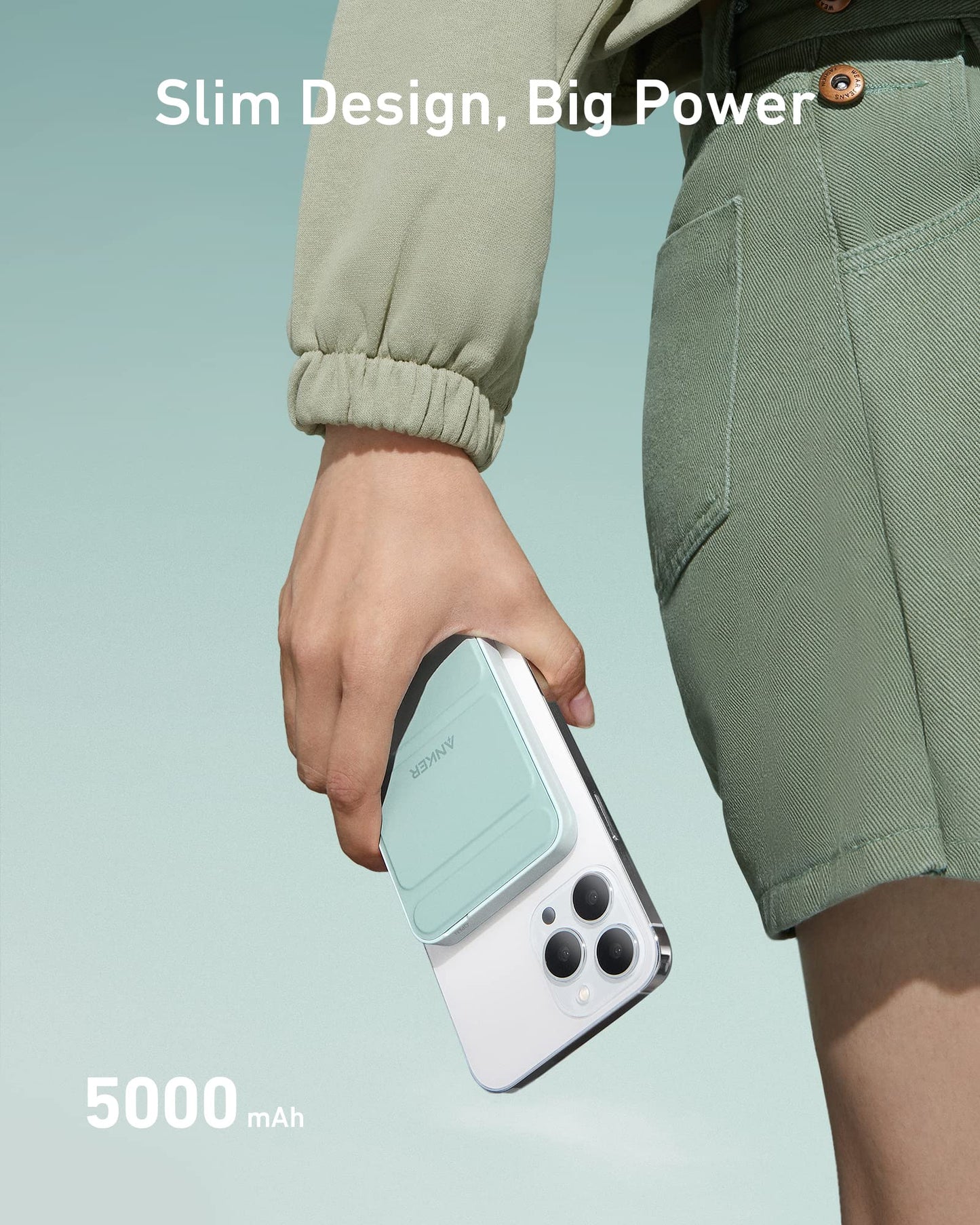 Batería Magnética Anker Verde de 5000 mAh con Soporte y USB-C para iPhone Series