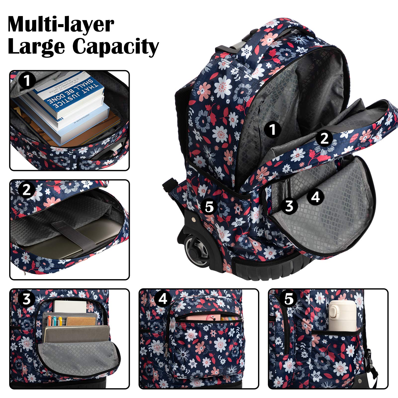 Mochila Rodante SKYMOVE Margaritas con Múltiples Compartimentos para Libros y Portátil