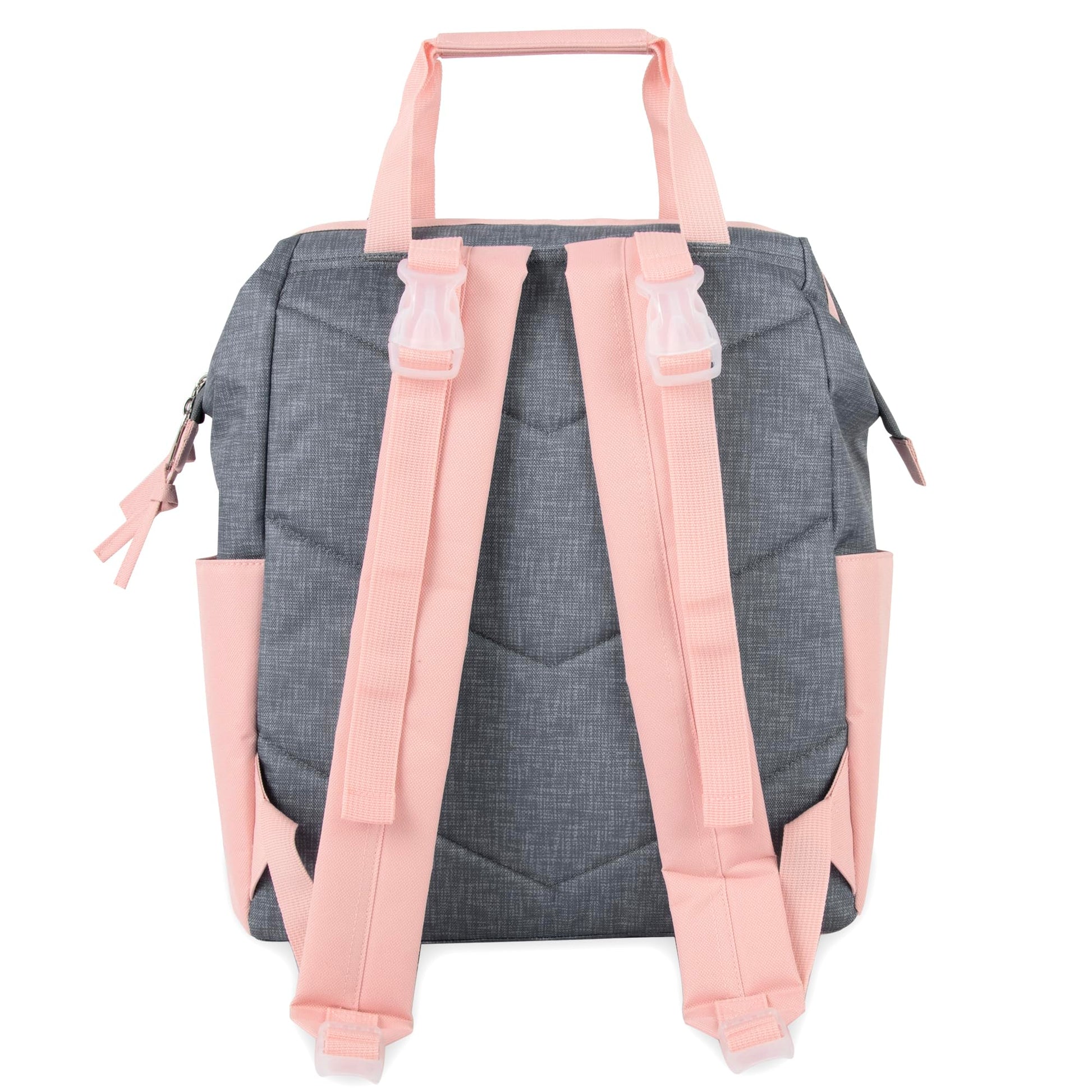 Baby Essentials - Mochila de pañales con marco principal súper enfriadora con cambiador, correas para carriola, compartimento aislado para botellas, Rosado/Gris, Mediano, Mochila para pañales