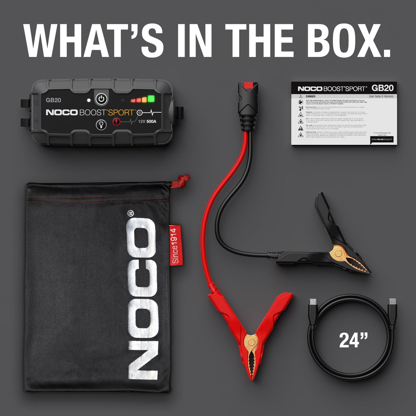 NOCO Boost GB20: Arrancador de batería de Auto 500A – Booster de Litio portátil 12V, Power Bank y Cables para Pasar Corriente – para Motores a Gasolina de hasta 4.0 litros