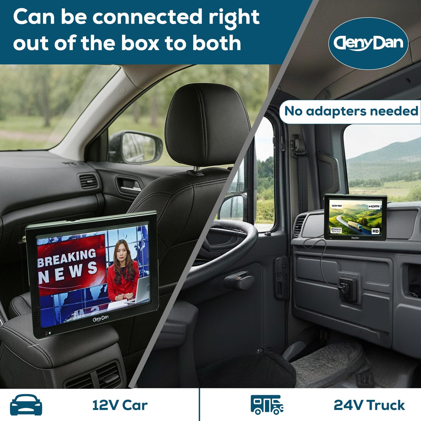 DenyDan Televisión portátil de 10" menús en español, Pantalla LED HD 720p, HDMI/USB/AV/SD, batería 4000 mAh hasta 8 h, 12V/24V/110V, Ideal para Auto, camión, RV y Camping