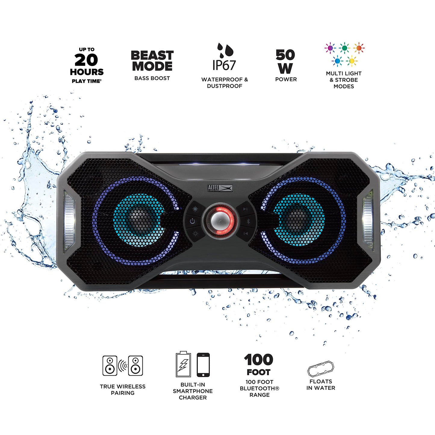 Altec Lansing Mix 2.0 - Altavoz Bluetooth Impermeable con Graves Fuertes, Altavoz portátil para Viajes y Uso al Aire última intervensión, Alcance de 100 pies y Tiempo de reproducción de 20 Horas