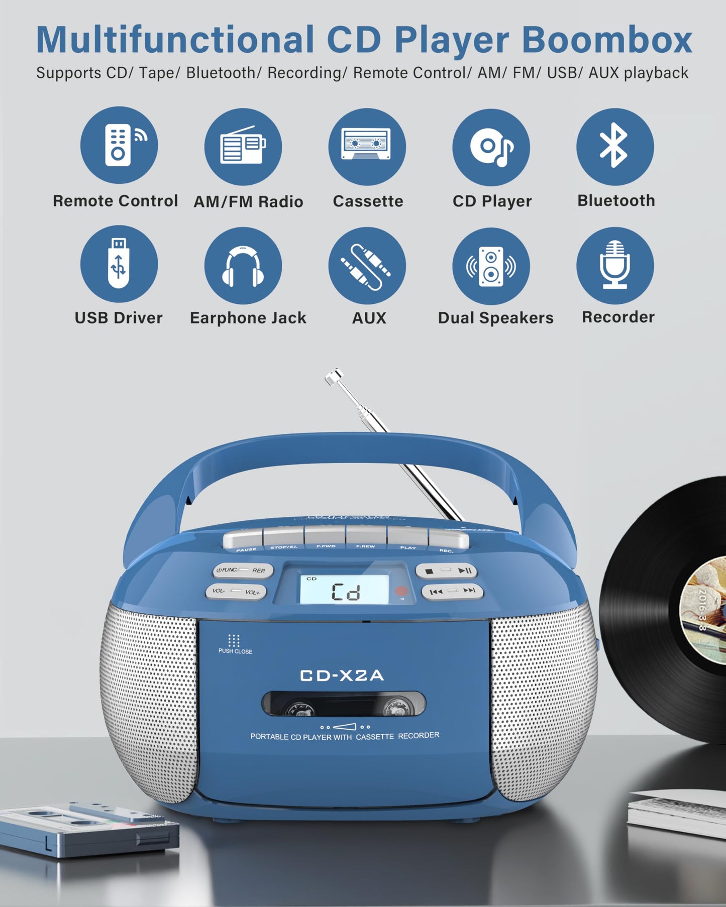 Greadio Boombox - Reproductor de CD de cassette, reproductor de CD portátil con Bluetooth, compatible con radio AM FM, control remoto, AUX/USB/auriculares, funciona con AC/batería, visualización LCD