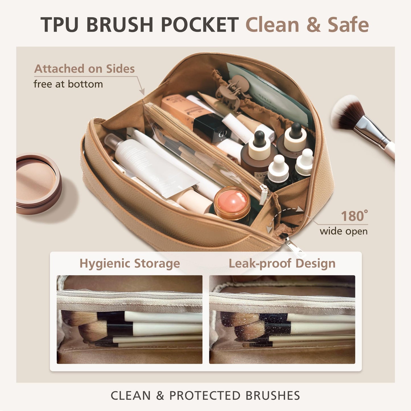 MELINE - Bolsa de maquillaje de viaje - Organizador de cosméticos y artículos de cambiador de gran capacidad con divisor y asa, diseño plano impermeable, bolsa portátil para mujer, gris topo, Bolsa de