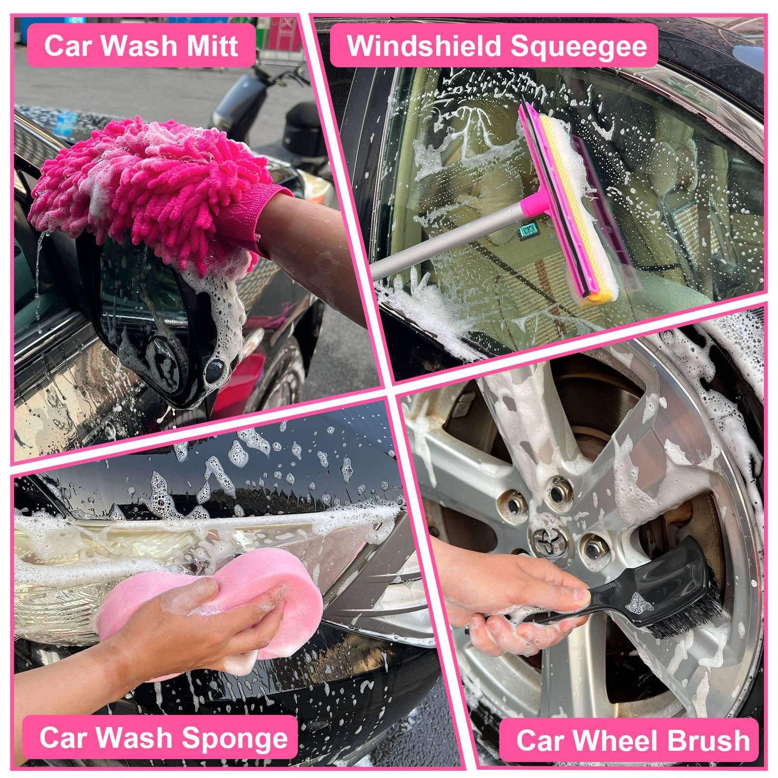 Juego de Brochas de Lavado de Coche con Mango Largo Rosa de 62 Pulgadas