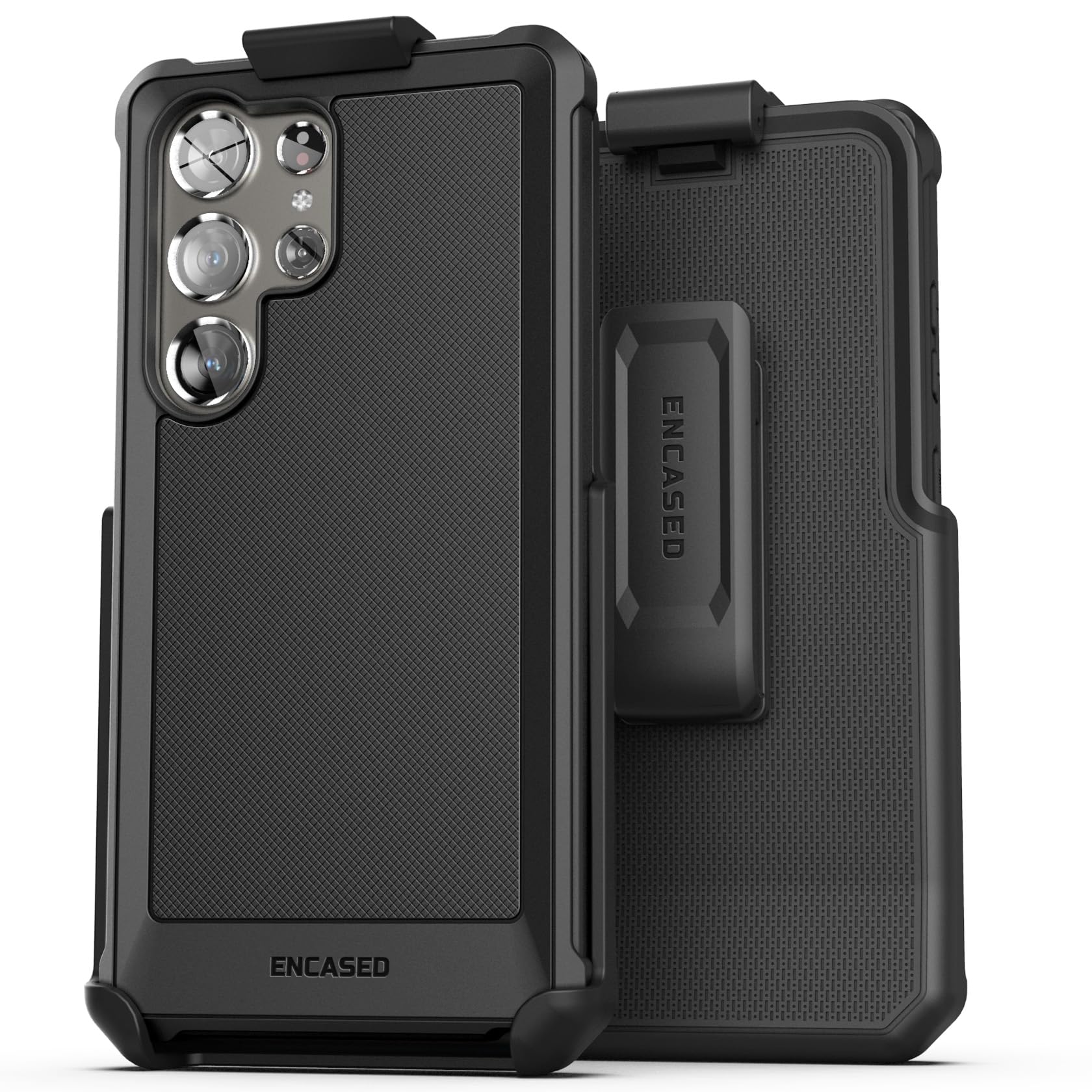 Funda con cinturón Falcon Encased diseñada para Samsung Galaxy S24 Ultra - Funda protectora con protector de visualización de vidrio templado (negro)