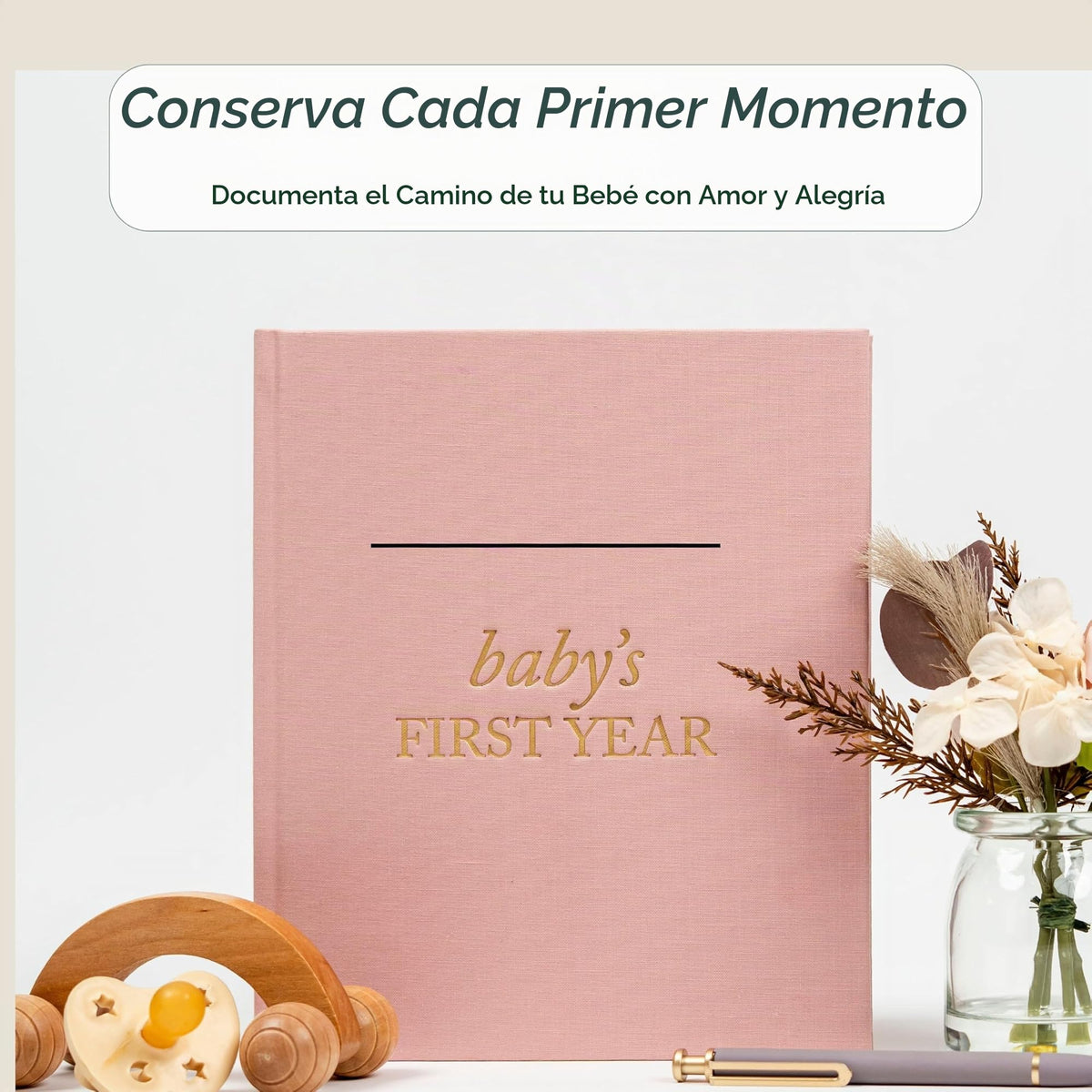 Libro de Bebé Duncan & Stone rosa polvorienta de Lino para Memoria de Primer Año