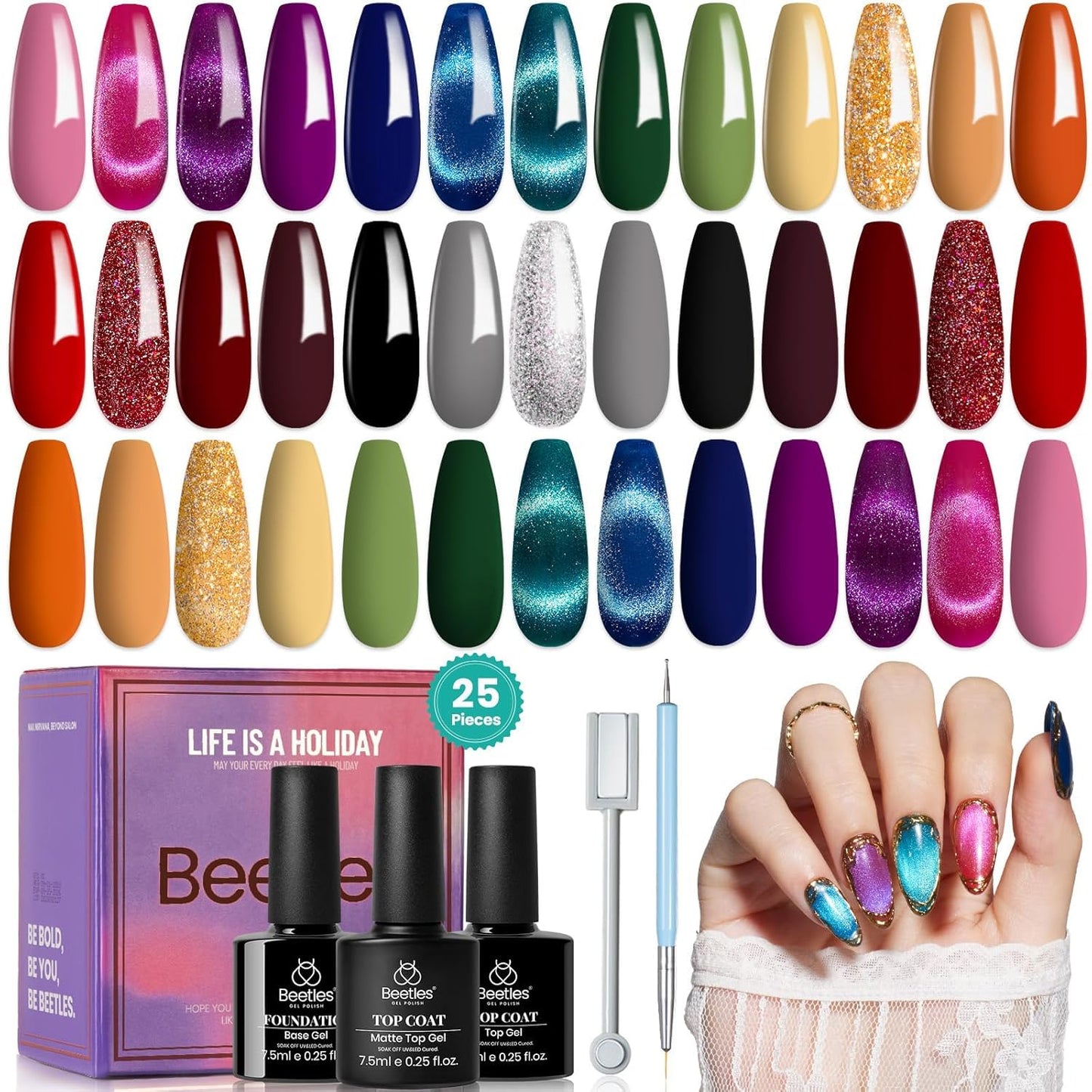 Kit de esmalte de uñas de gel Beetles, 20 colores, purpurina, rosa, rojo, morado, naranja, azul, ojos de gato, juego de esmalte de gel con bolígrafo de doble punta y kit de manicura de gel magnético, lámpara UV para mujer, regalo de escarabajos