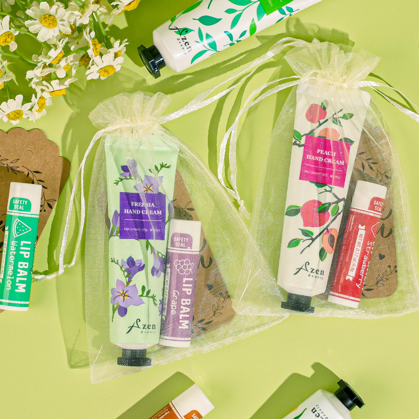 AZEN 30 Juegos De Crema De Manos A Granel Y Bálsamo Labial Conjunto A Granel, Regalos De Despedida De Soltera Para Invitados Con Bolsa De Organza Tarjeta De Agradecimiento, Favores