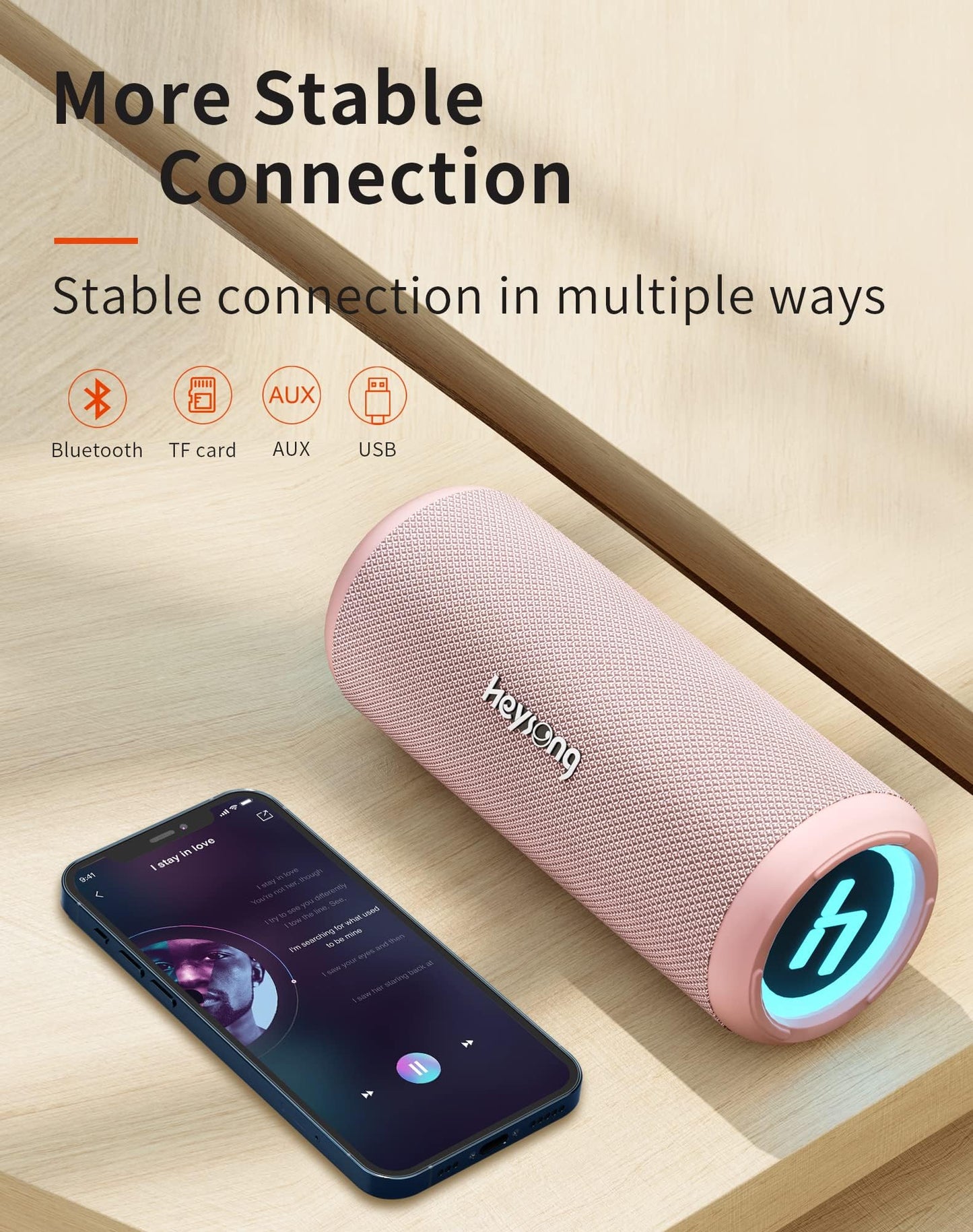 HEYSONG Bocina Bluetooth 5.3 30W para Fiestas Luz RGB, Altavoz Portátil Impermeable IPX6, AUX, Micro SD,TF Tarjeta, USB, stéreo de Doble emparejamiento bocinas para Viaje, Fiesta, Hogar - Rosa