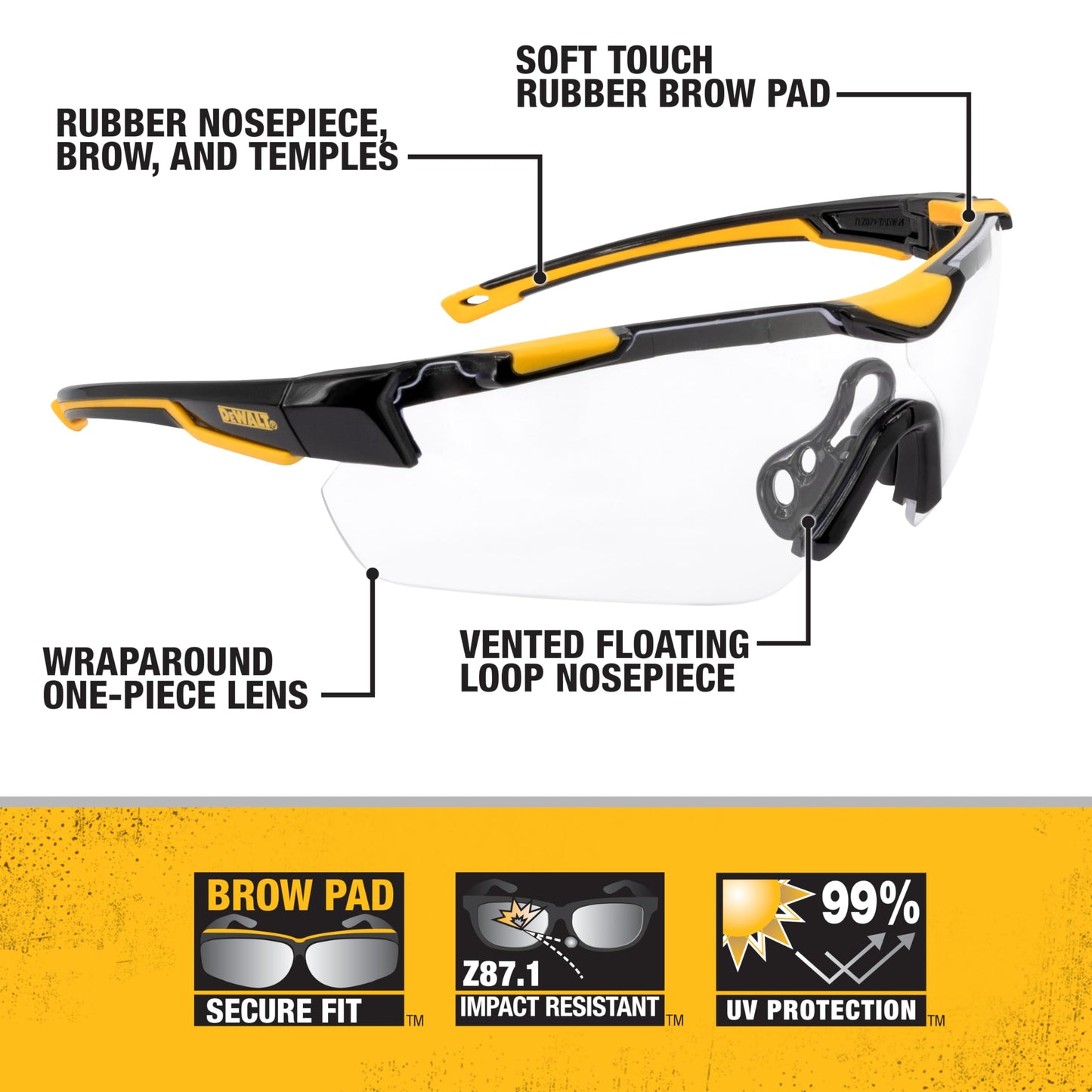 DEWALT DPG110 - anteojos protectoras unisex con marco de medio marco recortado, lente transparente de marco negro