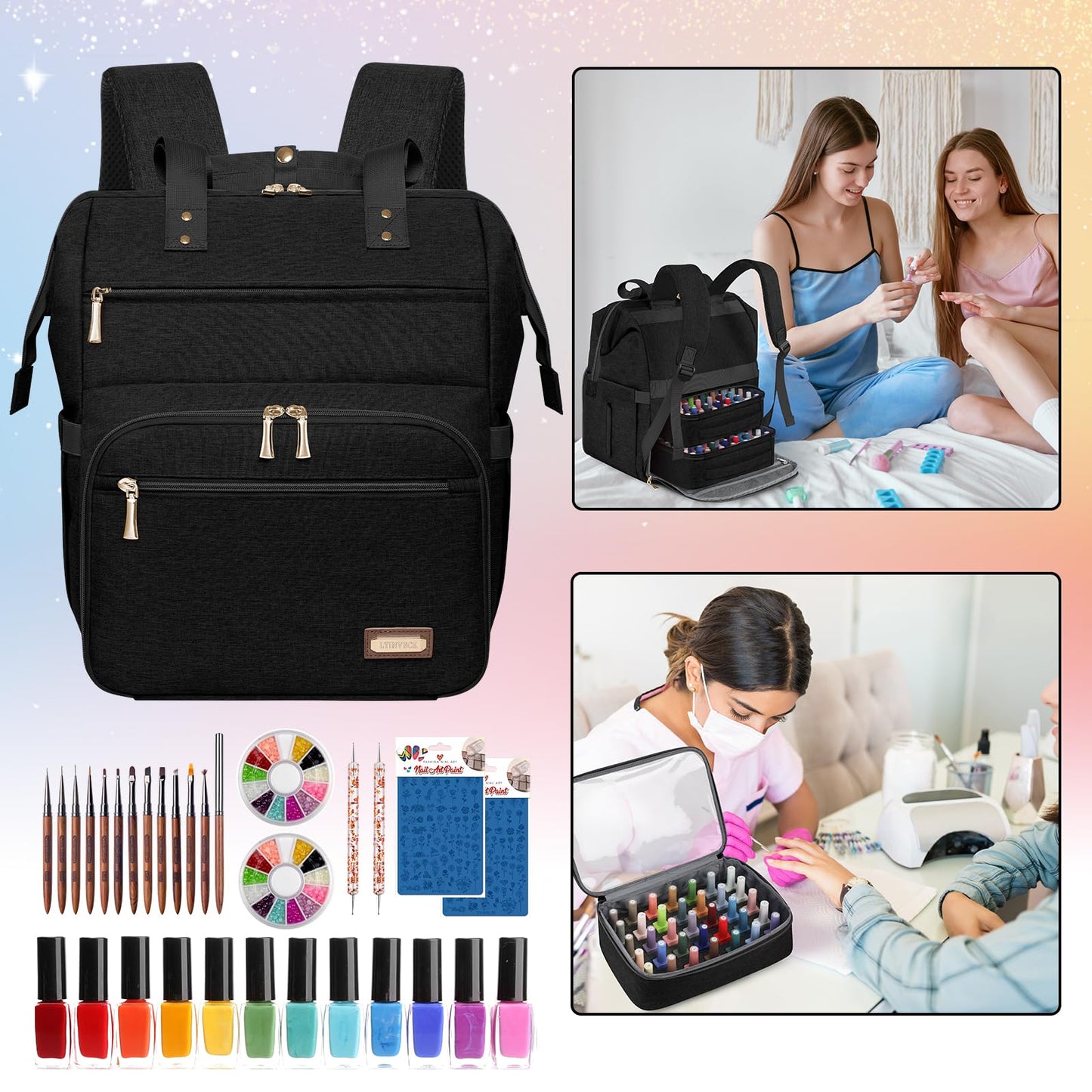 LTINVECK - Funda organizadora de esmalte de uñas con capacidad para 70 botellas (15 ml/0.5 fl.oz), Negro, Large