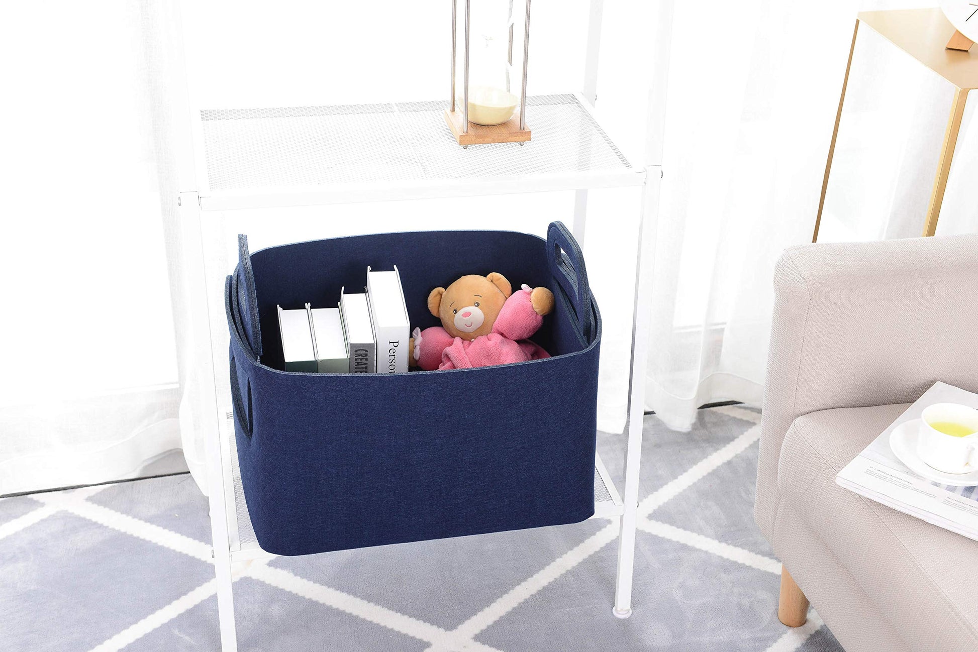 Cesta de almacenamiento de fieltro plegable y conveniente organizador con asas de transporte para oficina, recámara, clóset, bebé, juguetes de guardería, ropa (azul marino, 18.9 pulgadas de largo x