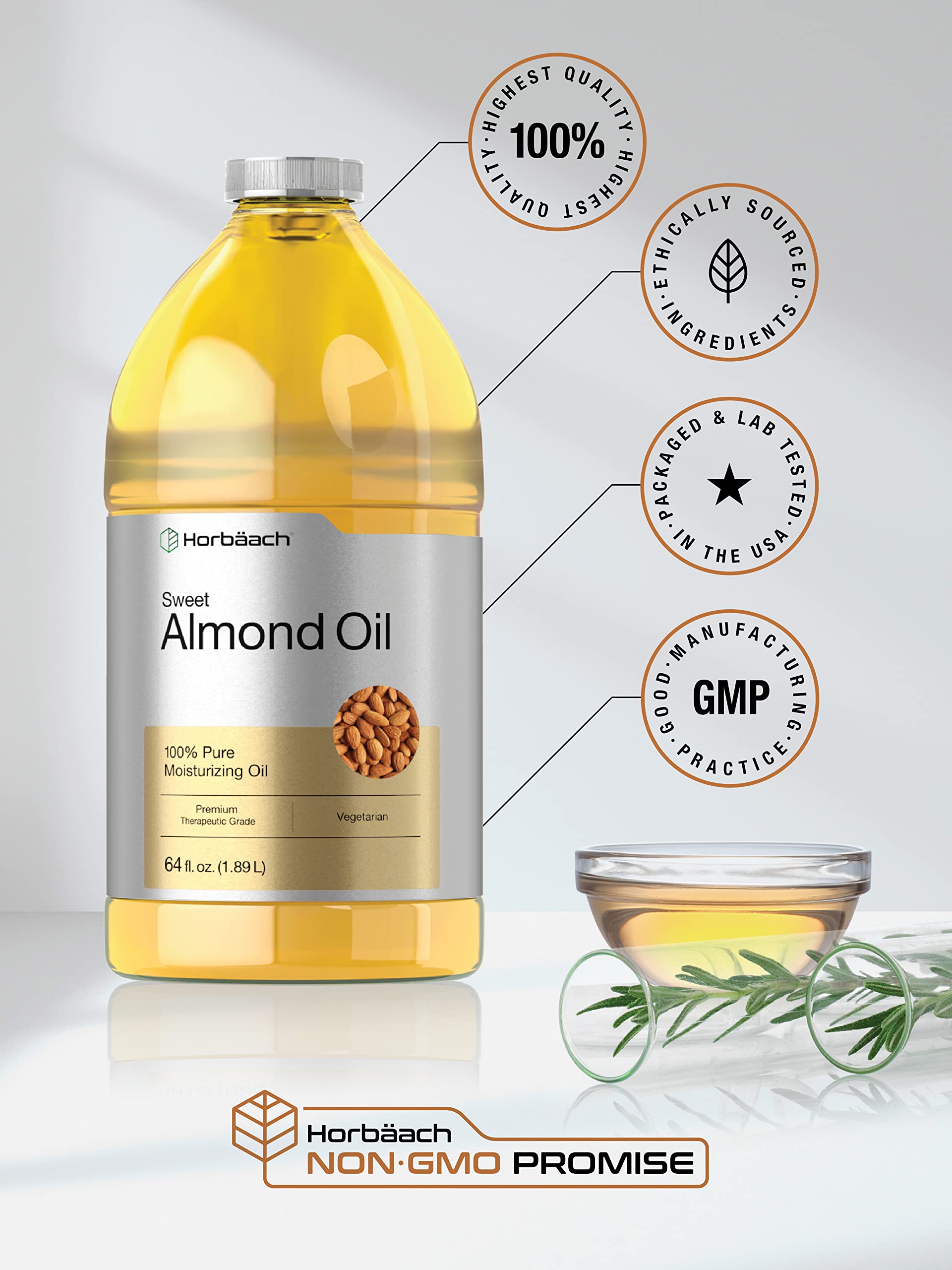 Horbaach Sweet Almond Oil 64 fl oz 100% Pure €" for Hair, Face & Skin €" Expeller Pressed €" Vegetarian, Non-GMO