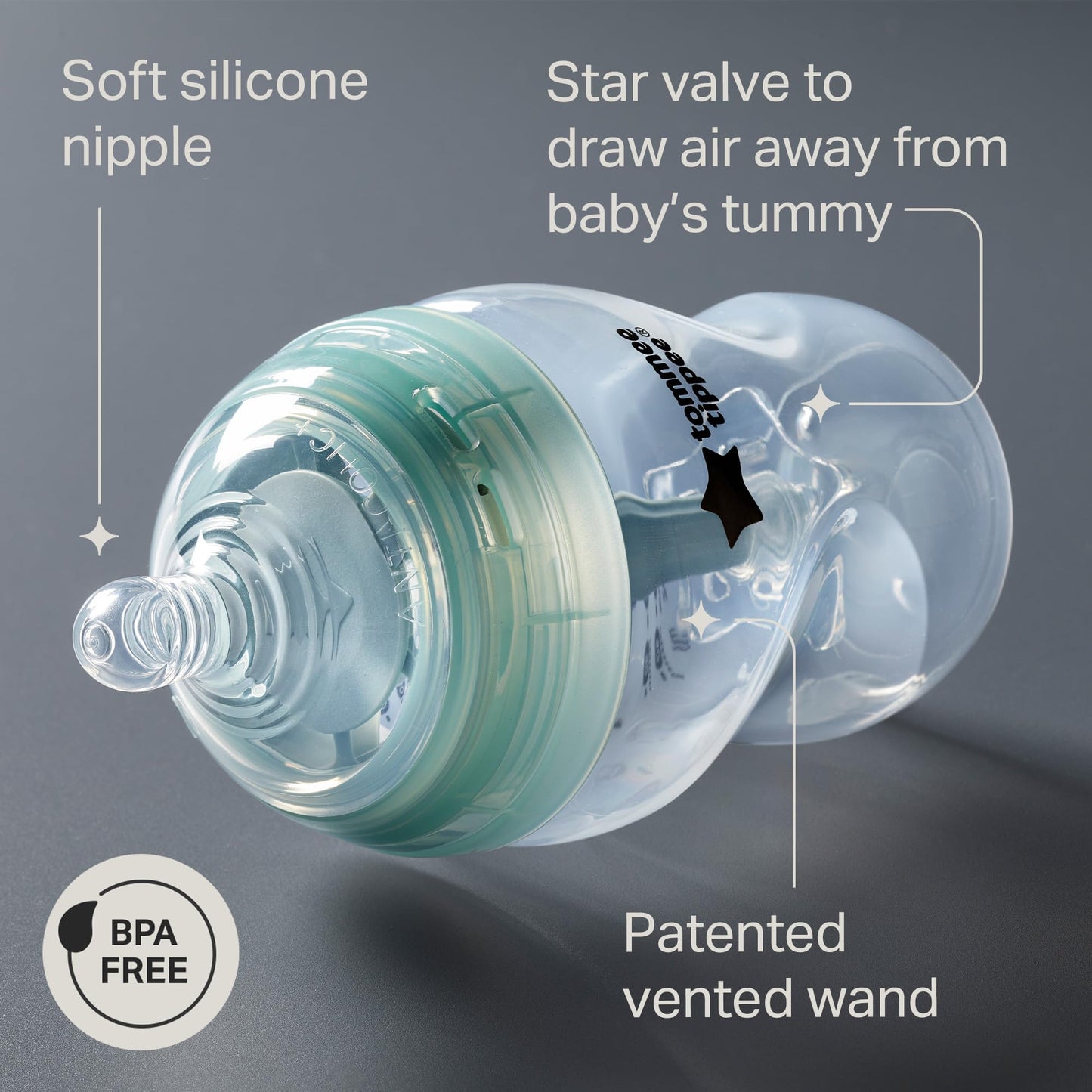 Biberón Avanzado Anti-Colic Tommee Tippee Transparente con Tetina Tipo Pecho Flujo Lento y Varilla Ventilada Autoesterilizante, 2 Pack para Bebé