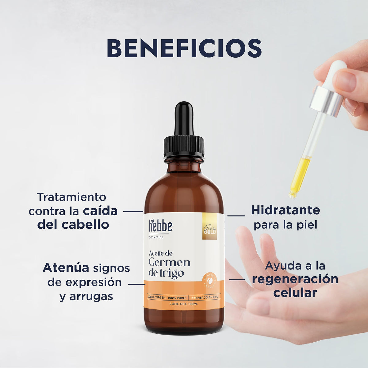 HEBBE Aceite de Germen de Trigo 100 ml | Antioxidante Cosmético | Nutre Piel y Cabello | Apoya Barrera Cutánea | Rico en Vitamina E y D