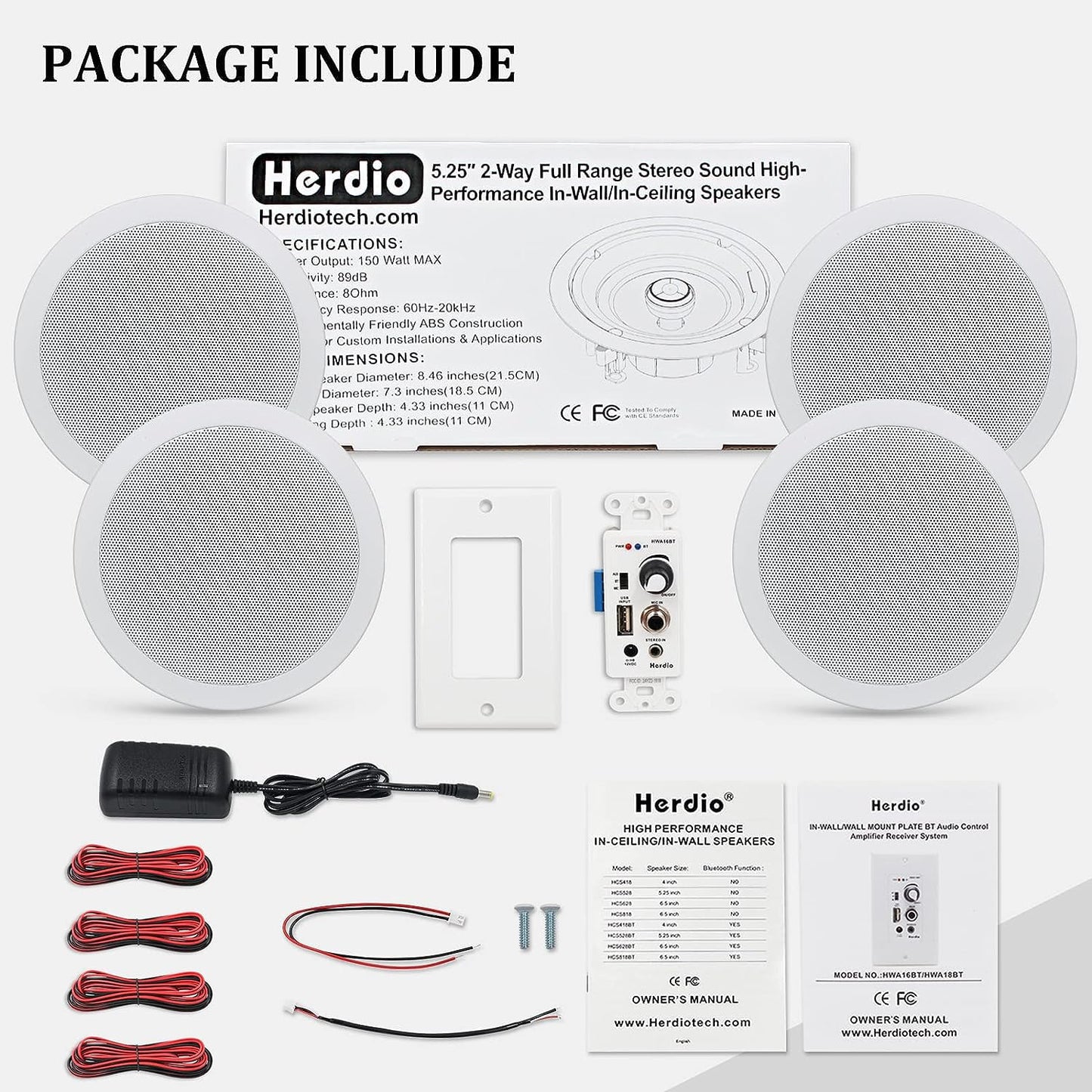 Herdio Altavoces de Techo de 5.25 Pulgadas, 600 W, Montaje Empotrado de 2 vías con Receptor Amplificador de Montaje en Pared, Perfecto para Cine en casa, baño, Compatible con Bluetooth(4 Altavoces)