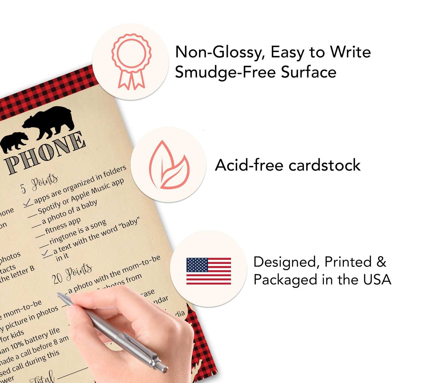 Roseum Collections LUMBERJACK - Juego de baby shower temático - WhAT'S ON YOUR PHONE - Paquete de 25 - Country Buffalo Plaid rústico Boy Country Co-ed Decoración de ducha para parejas G805-PHN