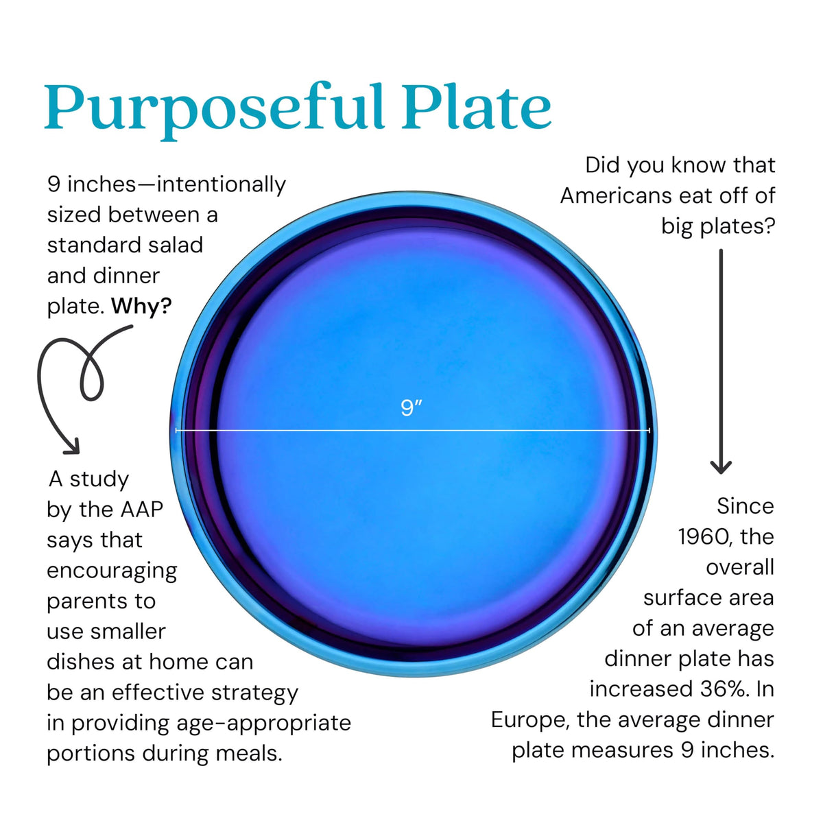 Ahimsa - Platos de acero inoxidable para niños, platos para niños pequeños, platos de cena, 100% libres de BPA y aptos para lavaplatos, plato azul (paquete de 1), PLA9-108