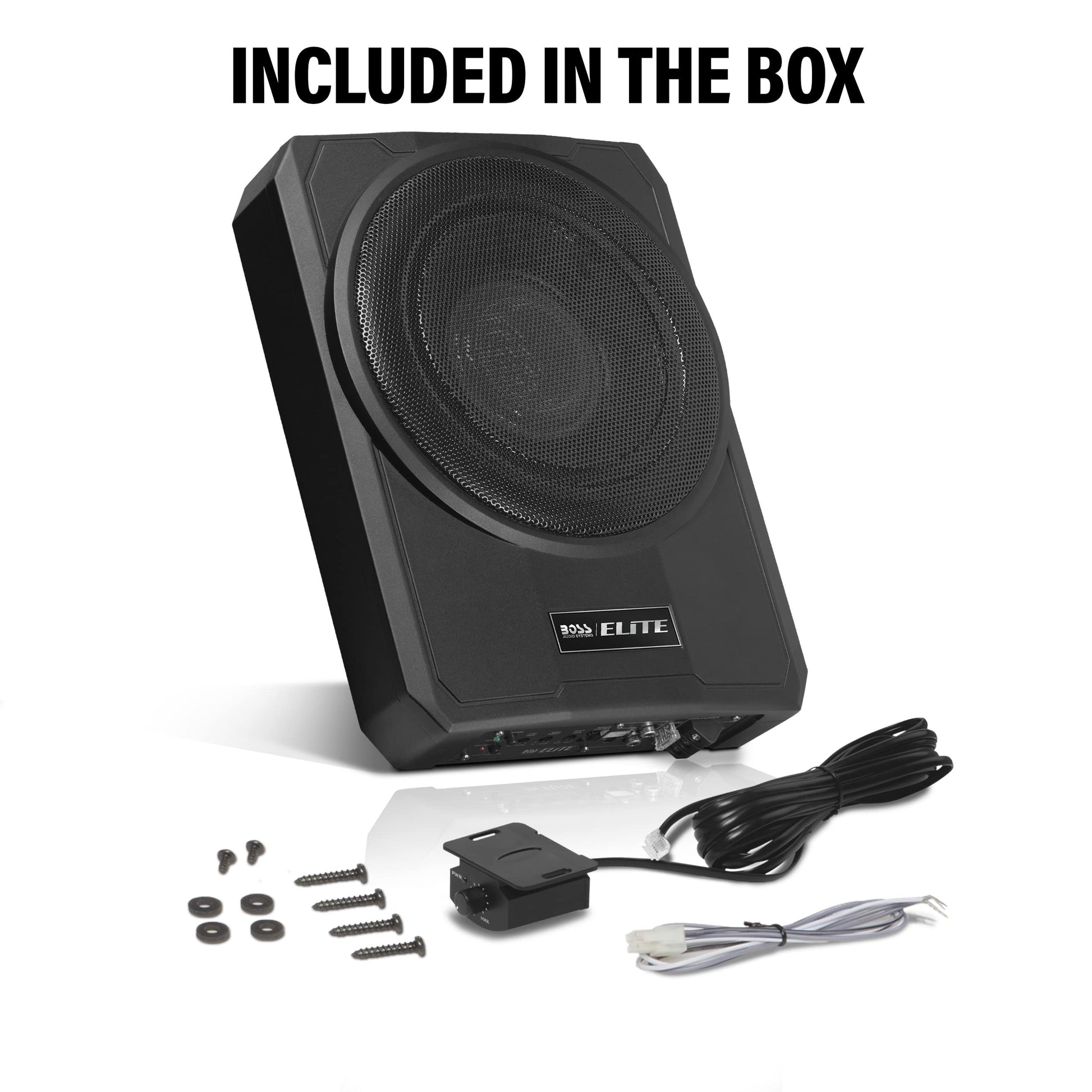 BOSS Audio Systems SLIM10 Elite Series - Subwoofer de Coche Alimentado de 10 Pulgadas, Perfil bajo, Control Remoto de subwoofer, Amplificador Integrado, Debajo del Asiento