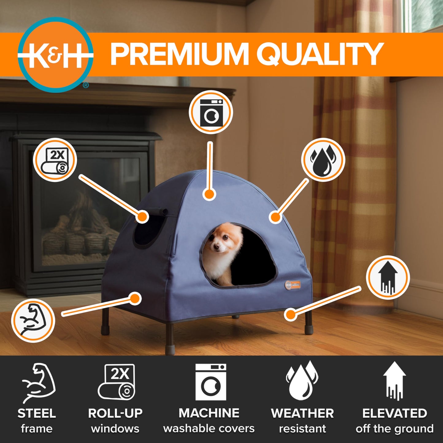 Cama Elevada para Perro K&H Azul Marino con Casa