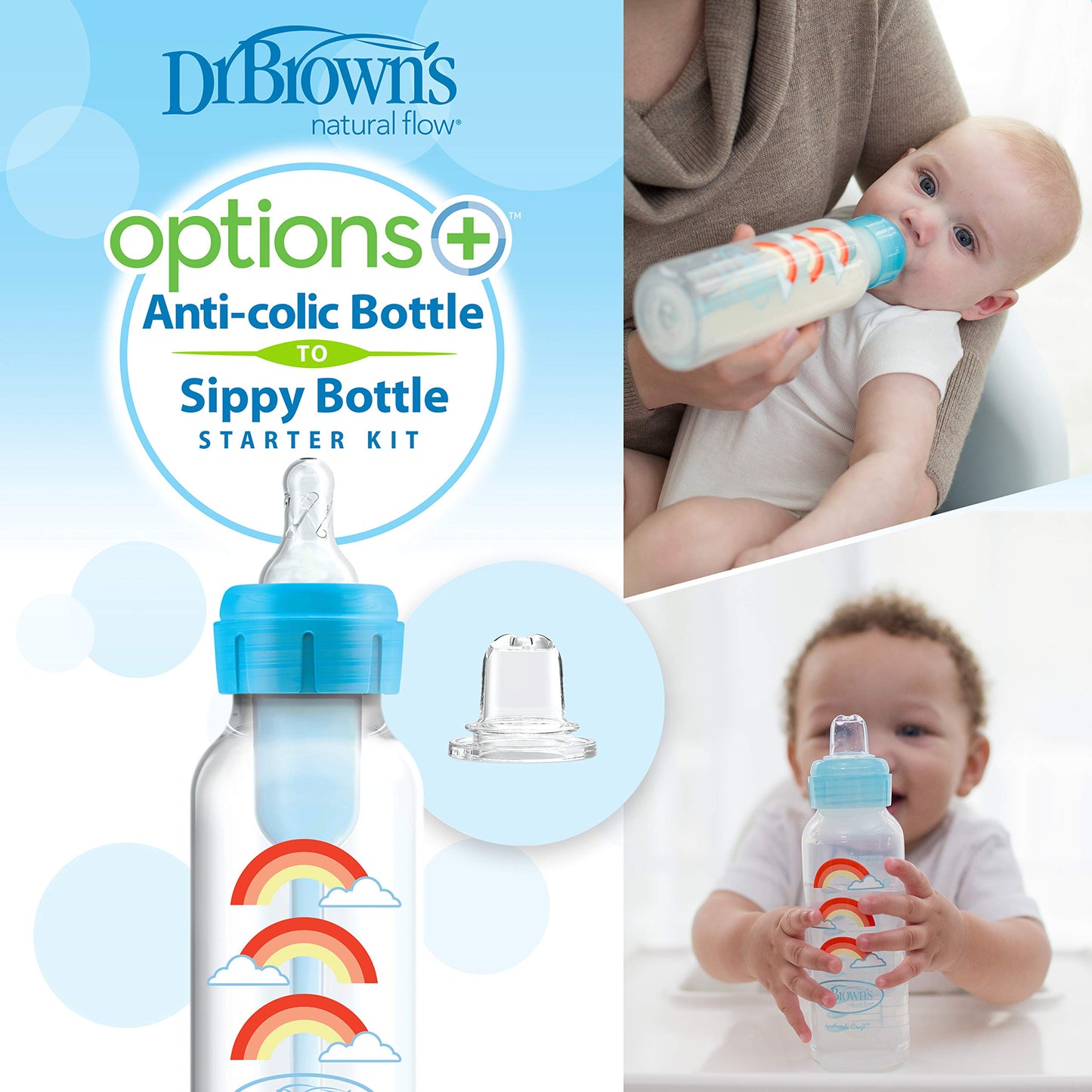 Dr. Brown's Natural Flow Options+ Kit de Transición 2 en 1 del Biberón al Vasito, Azul (Blue), 250 ml