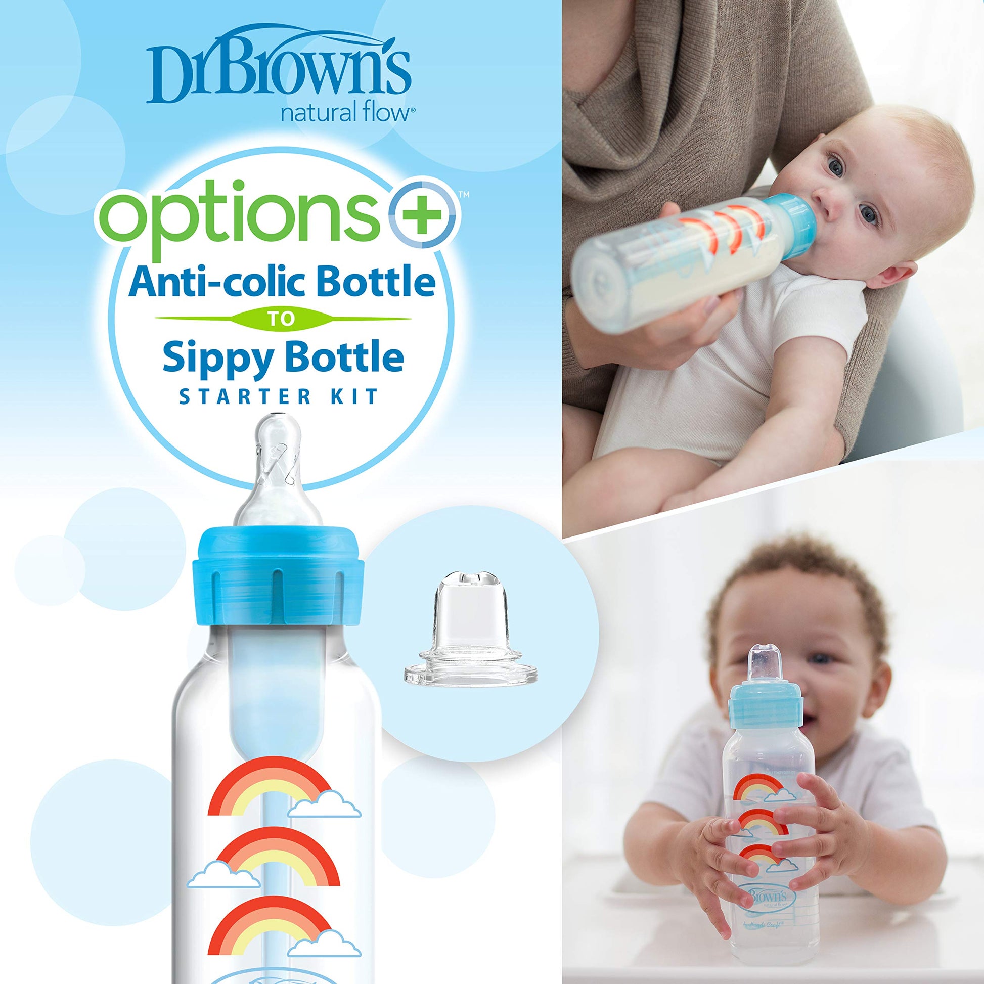 Dr. Brown's Natural Flow Options+ Kit de Transición 2 en 1 del Biberón al Vasito, Azul (Blue), 250 ml