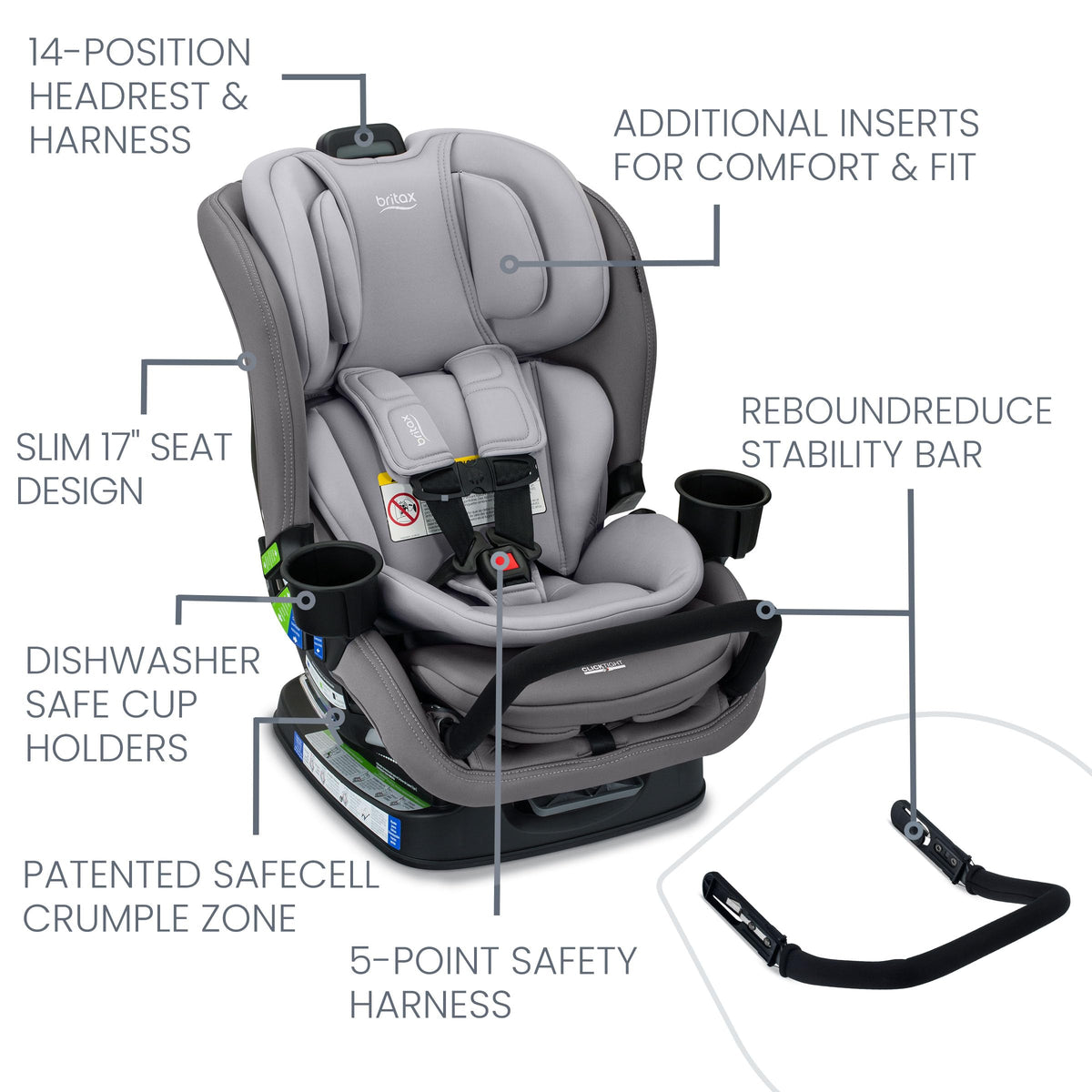 Asiento de Coche Convertible Britax Grafito Glaciar con Diseño Delgado y Tecnología ClickTight