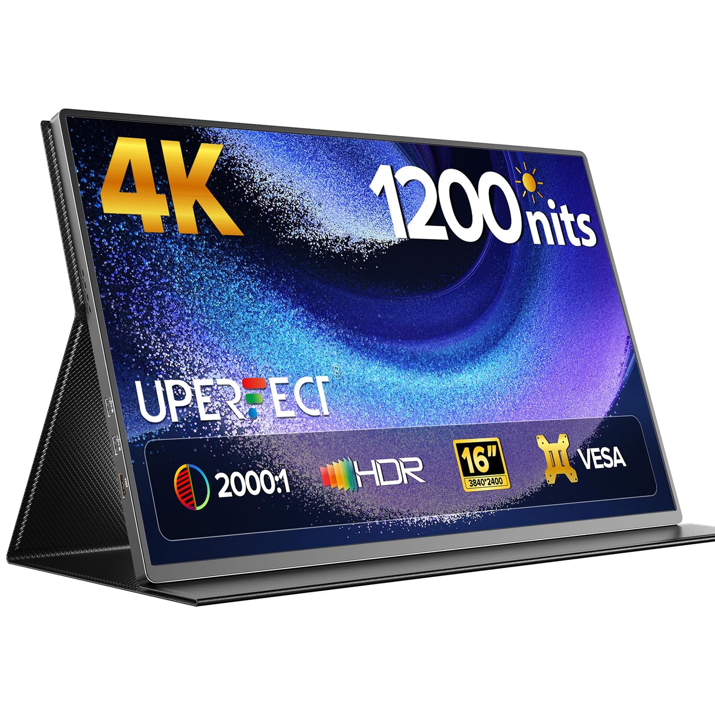 UPERFECT - Monitor portátil 4K de 16 pulgadas | Monitor portátil 1200 Nits | 3840 x 2400 UHD | 1MS FreeSync 2000:1 contraste | USB-C y HDMI | VESA y funda inteligente | visualización de viaje para