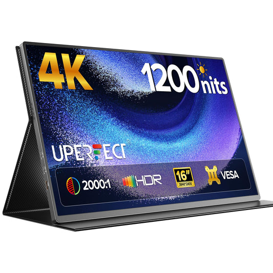 UPERFECT - Monitor portátil 4K de 16 pulgadas | Monitor portátil 1200 Nits | 3840 x 2400 UHD | 1MS FreeSync 2000:1 contraste | USB-C y HDMI | VESA y funda inteligente | visualización de viaje para