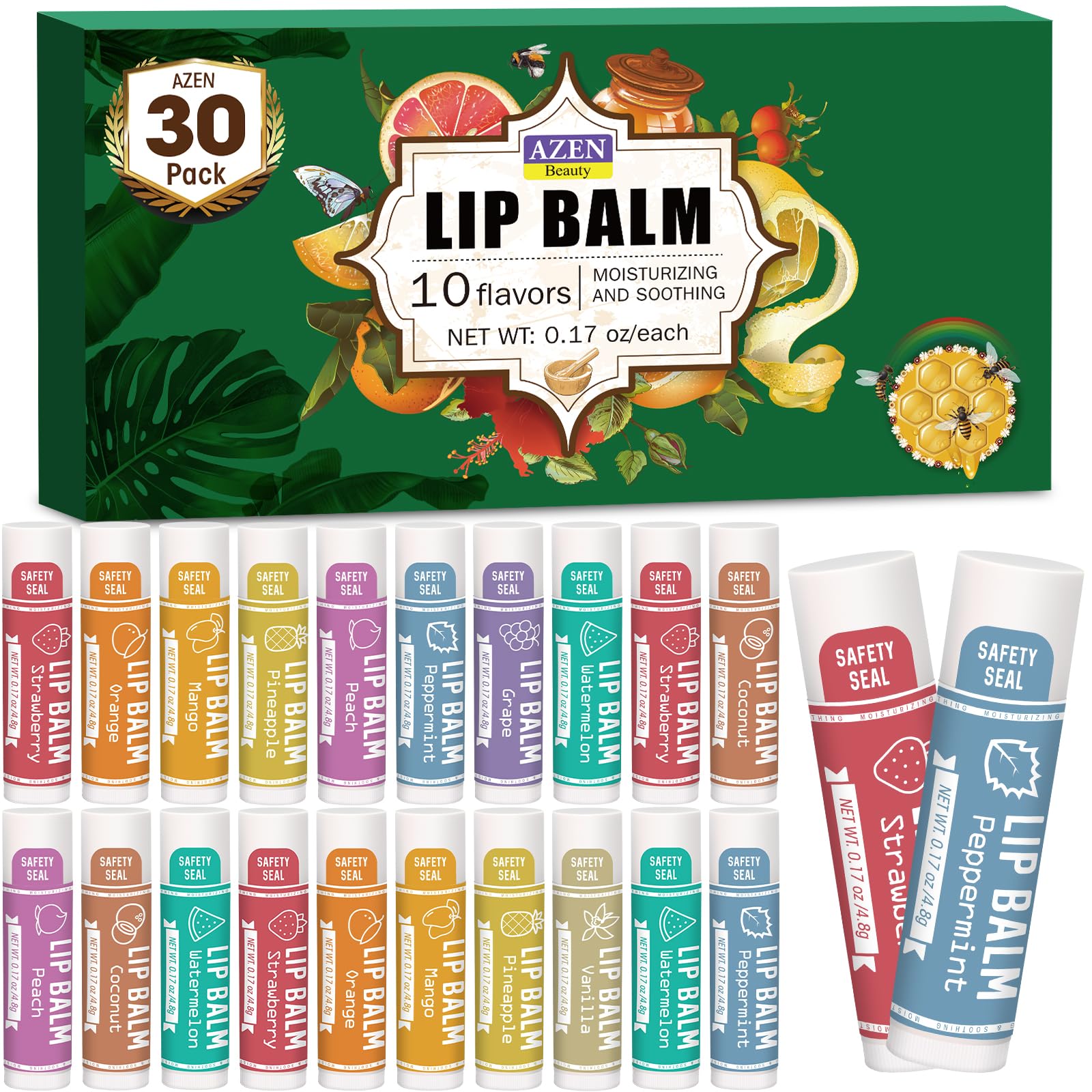 AZEN- Paquete de 30 bálsamos labiales, bálsamos labiales naturales a granel, producto para el cuidado de los labios, bálsamo labial hidratante para labios secos y agrietados
