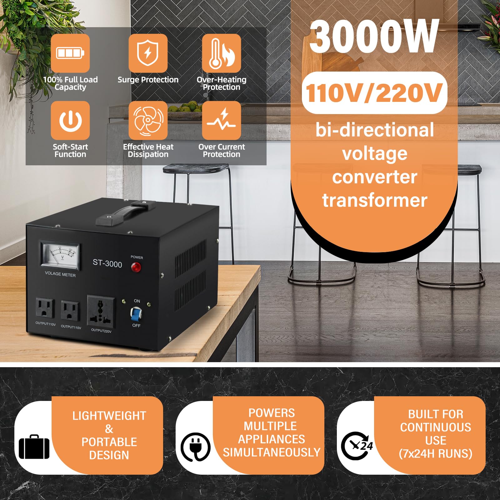 Regulador Convertidor de Voltaje YaeCCC ST-3000 110V/220V con Protección contra Disyuntores y Medidor de Voltaje