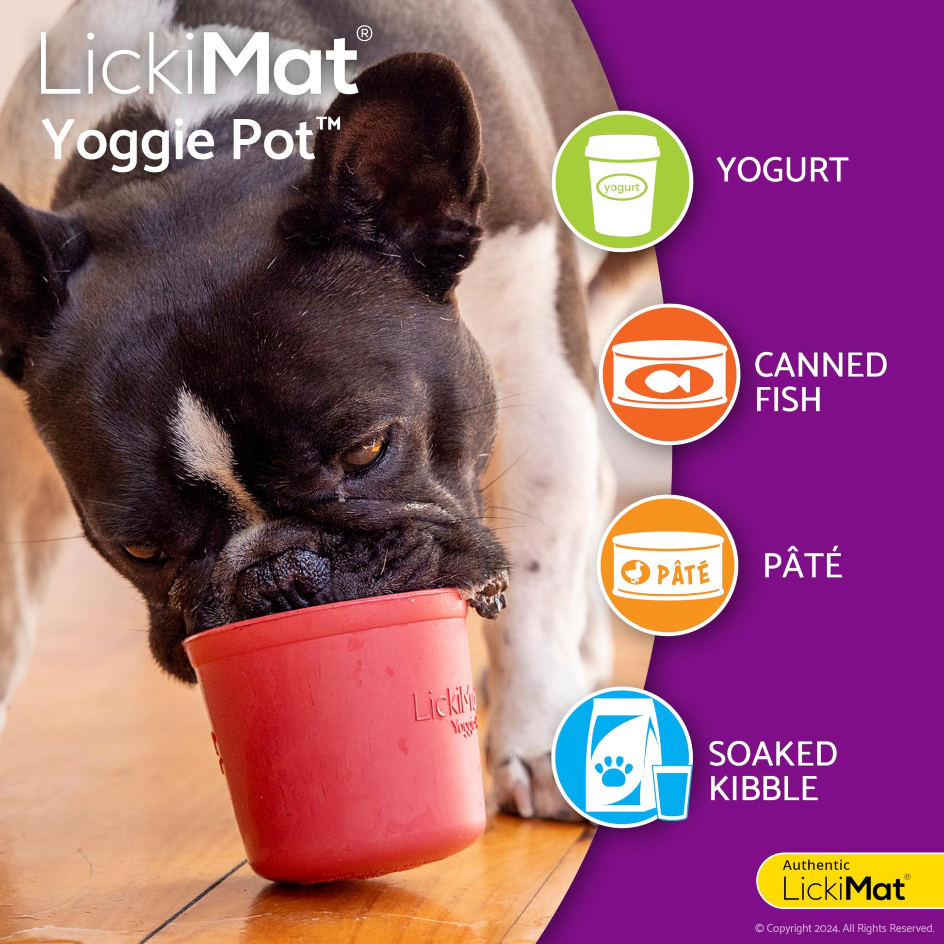LICKIMAT Yoggie Pot - Distracción, diversión y enriquecimiento Dispensador de goma de larga duración para todos los tamaños de perros y alimentador lento para perros pequeños. The Newest LickiMat
