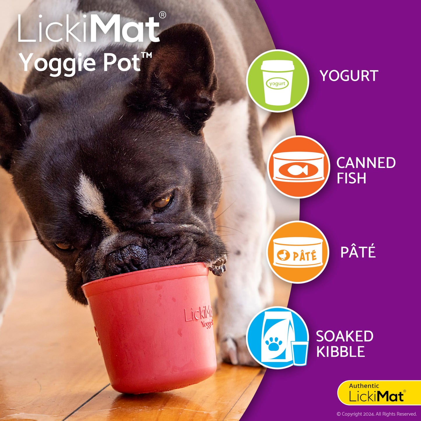 LICKIMAT Yoggie Pot - Distracción, diversión y enriquecimiento Dispensador de goma de larga duración para todos los tamaños de perros y alimentador lento para perros pequeños. The Newest LickiMat